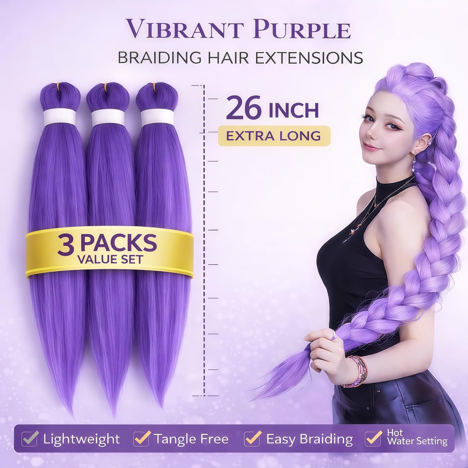 Purple Braiding Hair 26 Inch Pre Stretched Crochet Braiding Hair Extensions for Women 3 Packs, Purple Hair Extensions for DIY Cosplay Crtoon Character Ponytail Halloween Costumes (26 Inch-3 pcs) image 2