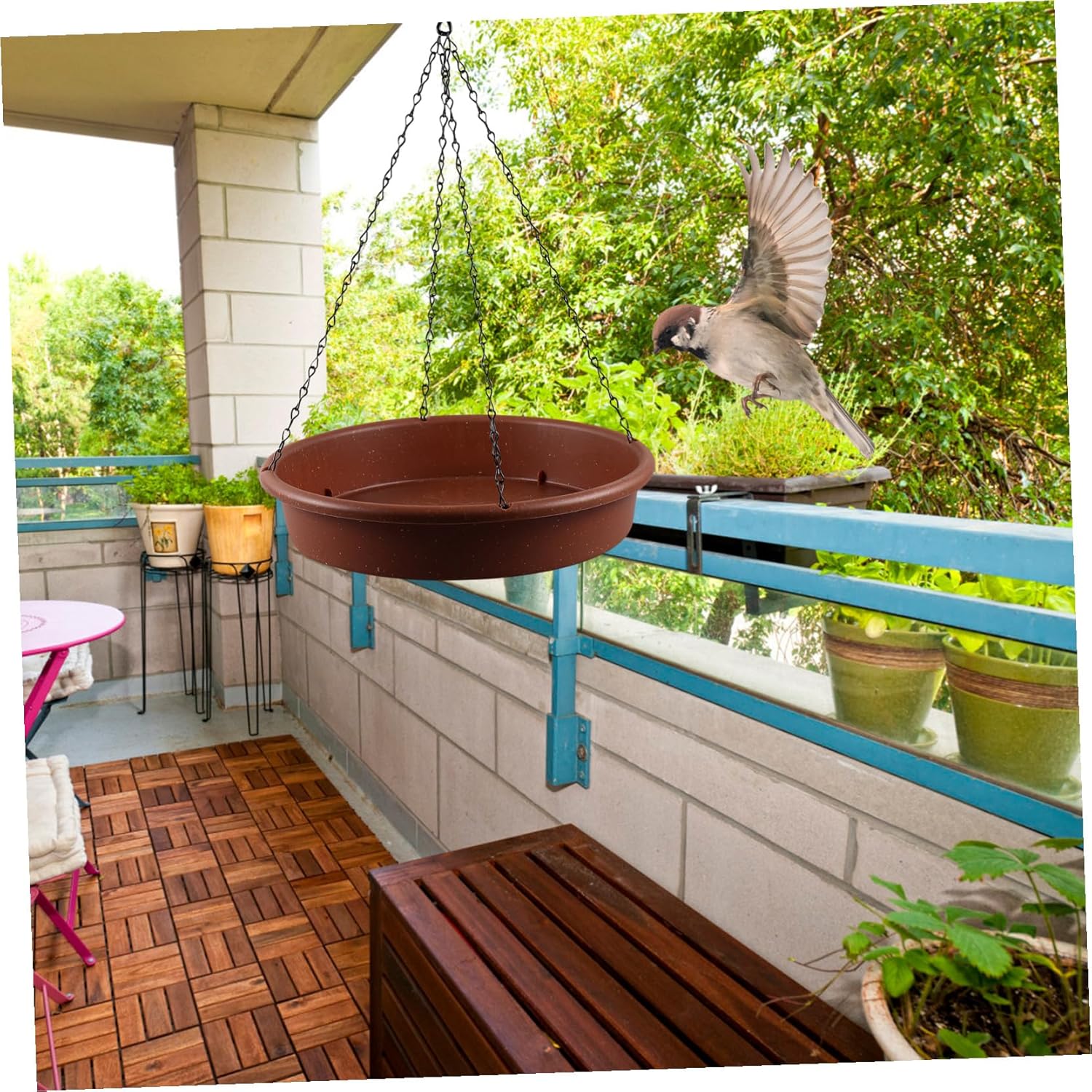 Outdoor Hanging Bird Bath Feeder Iron and PP Material Decorative Multi-use Garden Platform Feeder for Patio Porch Balcony Easy to Fill and Clean