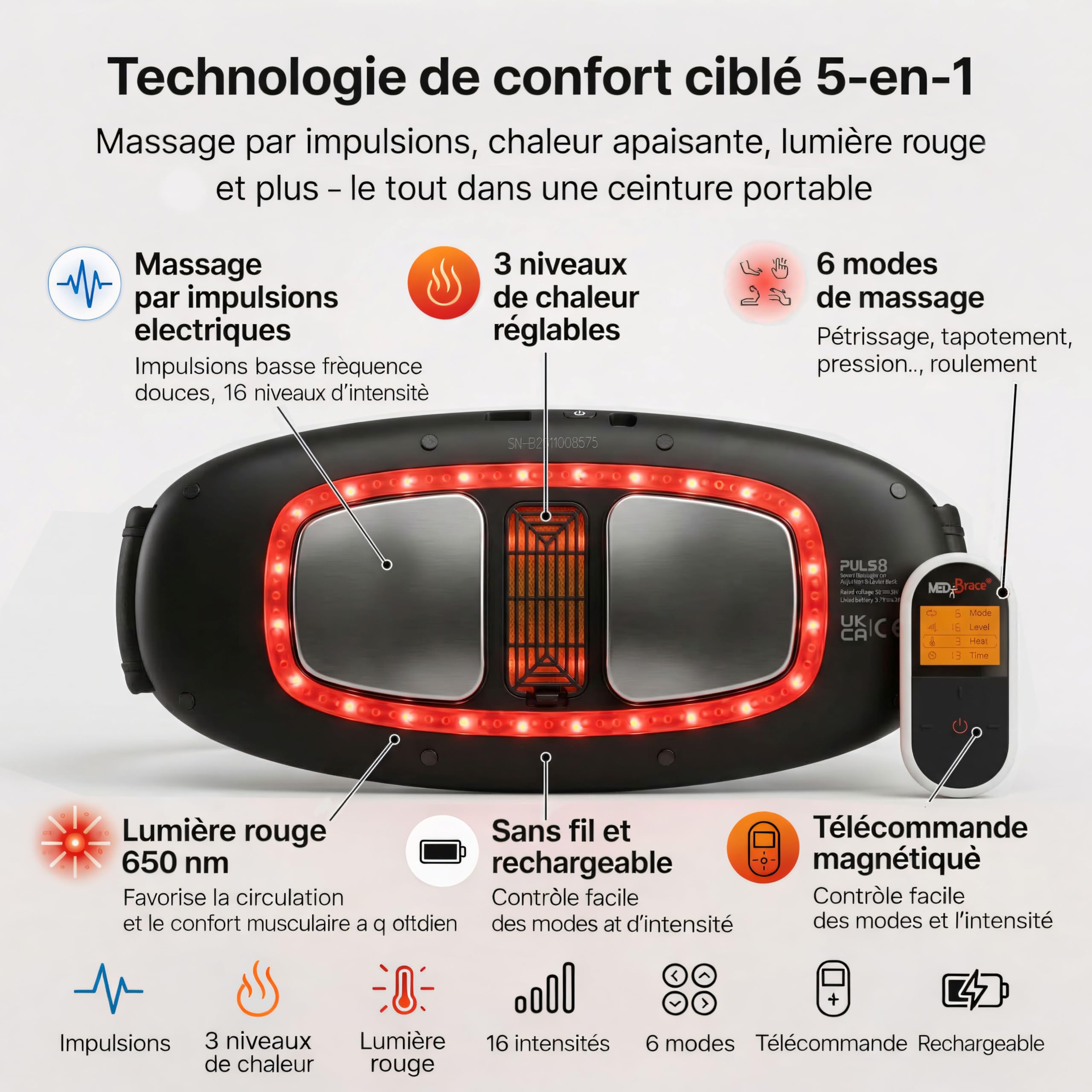 MEDiBrace PULS8 Ceinture chauffante de massage par impulsions pour le bas du dos et l’abdomen, rechargeable USB-C, sans fil, lumière rouge (LED) (PULS8 Complete (inclut l’adaptateur secteur USB))