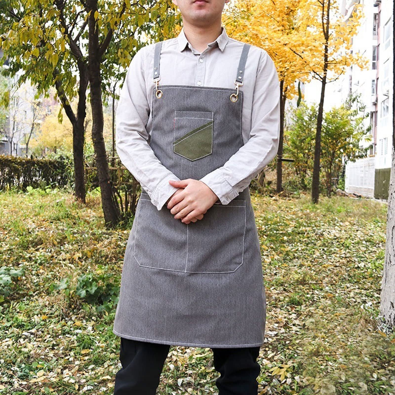 Grembiule da Cuoco con Bretelle Incrociate, in Tela, con Bretelle Regolabili, Tasche Grandi, per Cucinare, per Donna, per Uomo, per Bar, per Latte, per tè, per Fiori, per dipingere (Grigio)