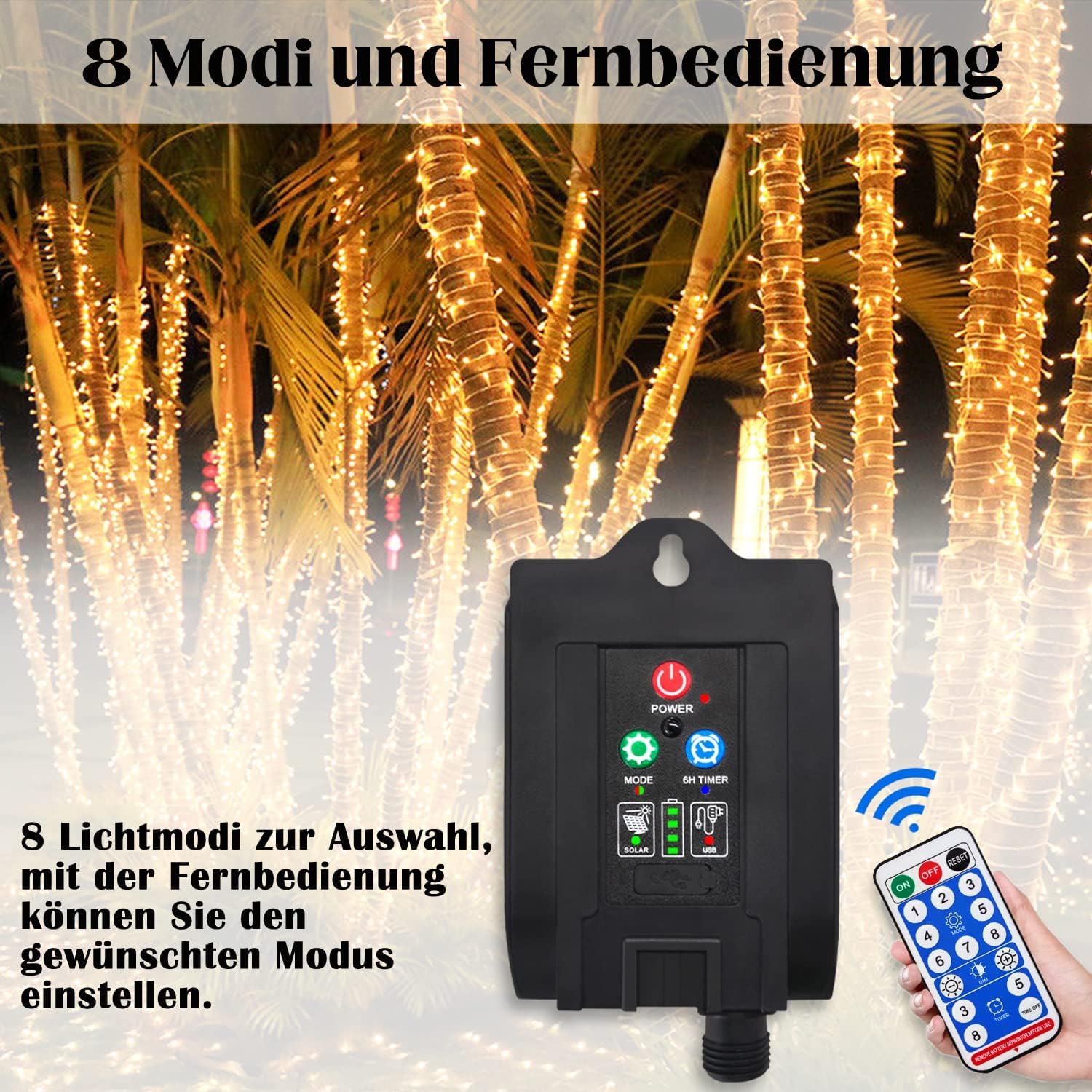 FIVMEN Cadena de luces solares para exteriores, 100 m, 1000 LED, resistente a la intemperie, resistente al agua, IP44, con panel solar y USB, decoración navideña, iluminación para exteriores, blanco