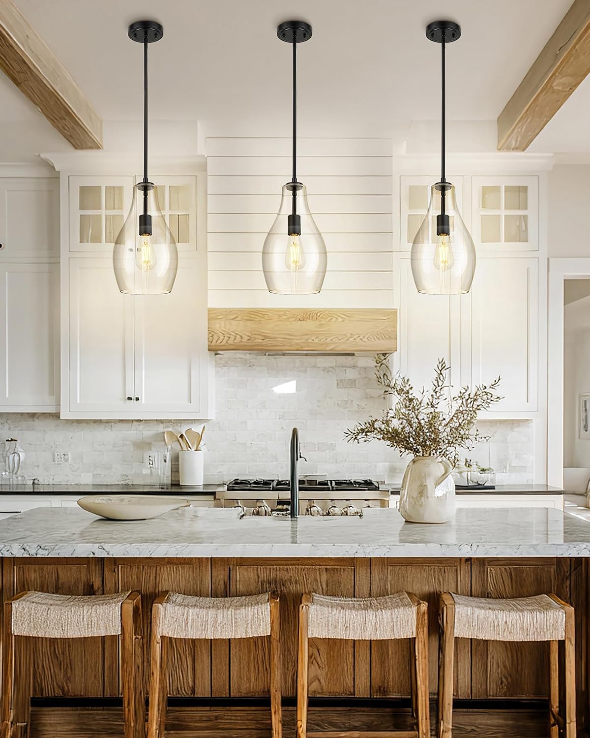 Black Pendant Lights Kitchen Island, 8" Large Hanging Light Fixtures with Clear Glass Shade, Modern Lagre Kitchen Pendant Lighting Over Island for Dining Room, AD-25045-1PB-BK