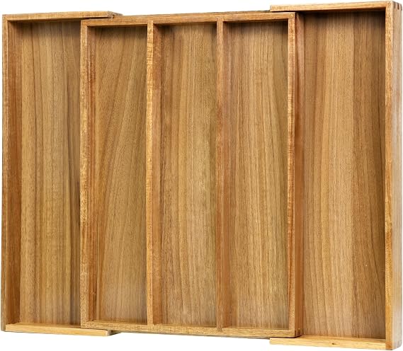 VaeFae Acacia Cutlery Drawer Organiser for Kitchen, Expandable Cutlery Tray | Wooden Utensil Holder for Flatware and Cooking Tools, 43 cm D x 32-55 cm W, 3-5 Slots