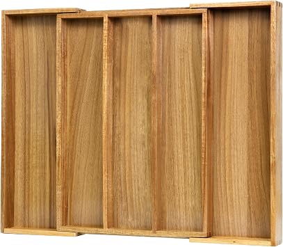 VaeFae Acacia Cutlery Drawer Organiser for Kitchen, Expandable Cutlery Tray | Wooden Utensil Holder for Flatware and Cooking Tools, 43 cm D x 32-55 cm W, 3-5 Slots
