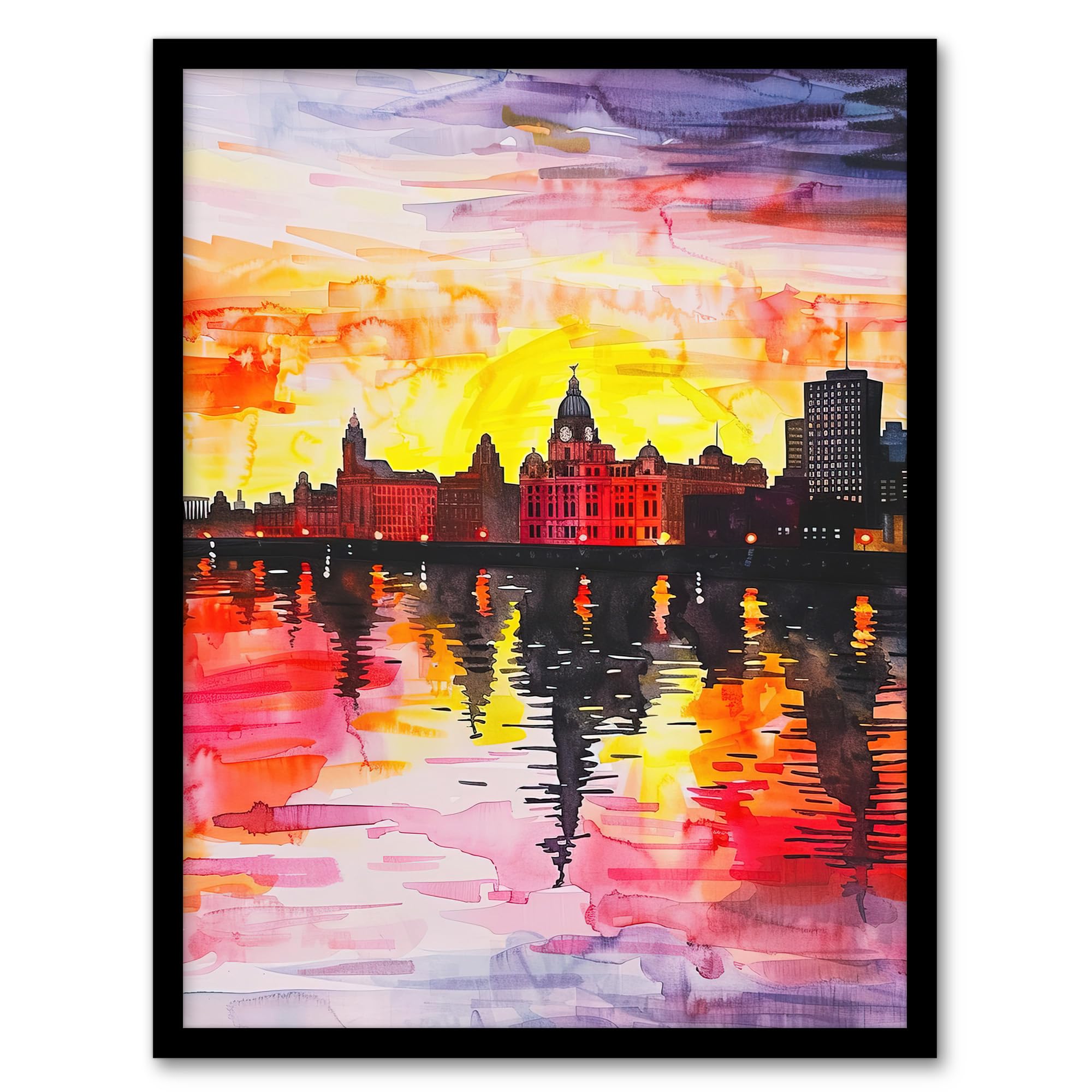 Artery8 Framed Wall Art Vibrant Liverpool City Waterfront Sunset Painting12X16 Inch from B&Q