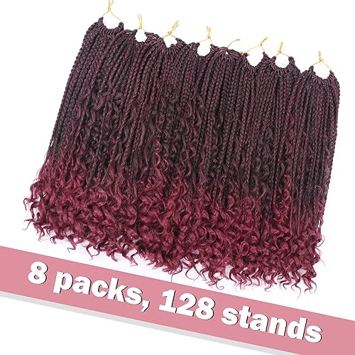Miniatura 8 de Goddess Box - Trenzas de pelo a ganchillo con extremos rizados, trenzas de caja bohemia, paquete de 8 paquetes, 3 extensiones de cabello sintético