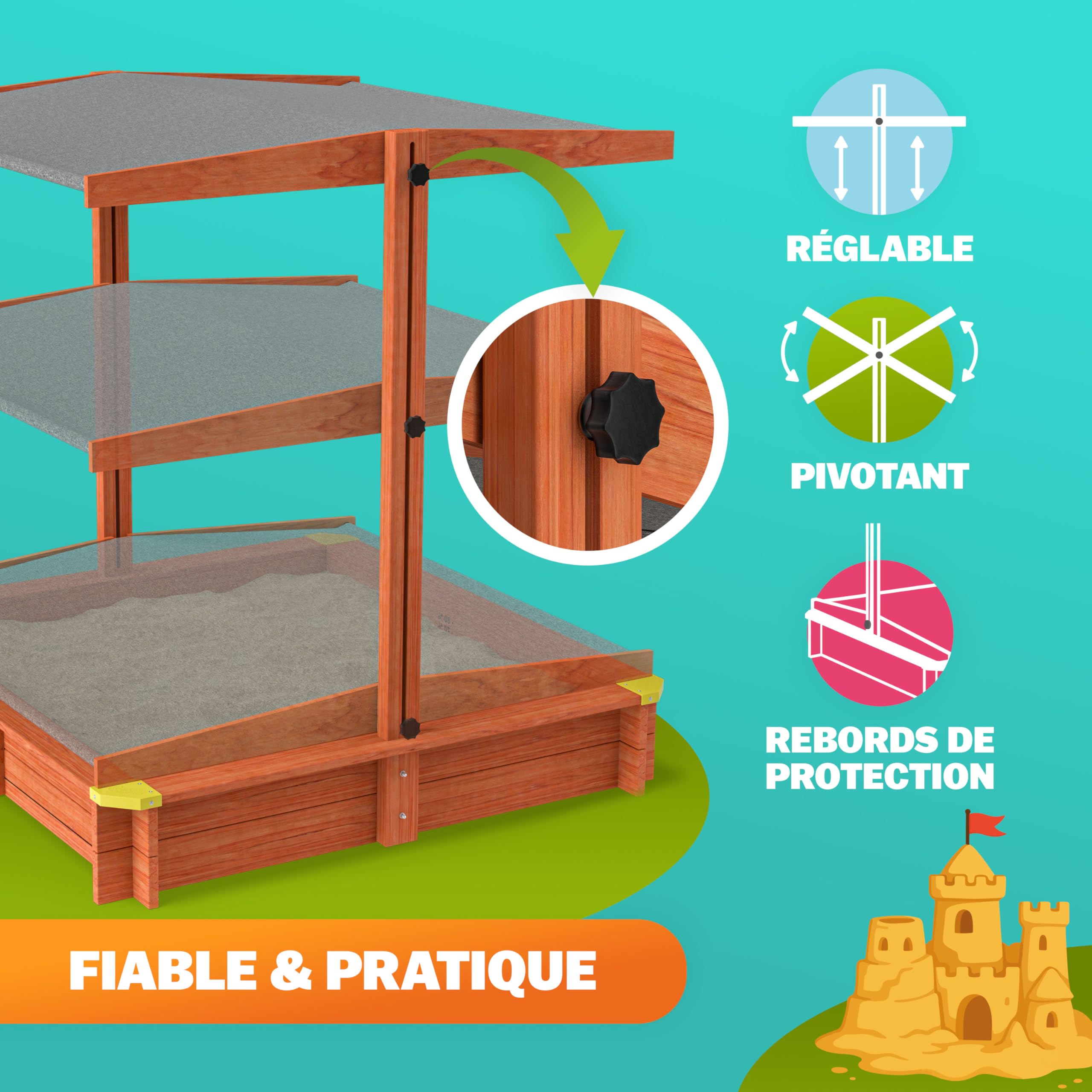 SPIELWERK® Bac à Sable en Bois Sami 120x120cm Tapis de Sol Toit réglable Protection UV 50+ Jeu pour Enfants extérieur Jardin