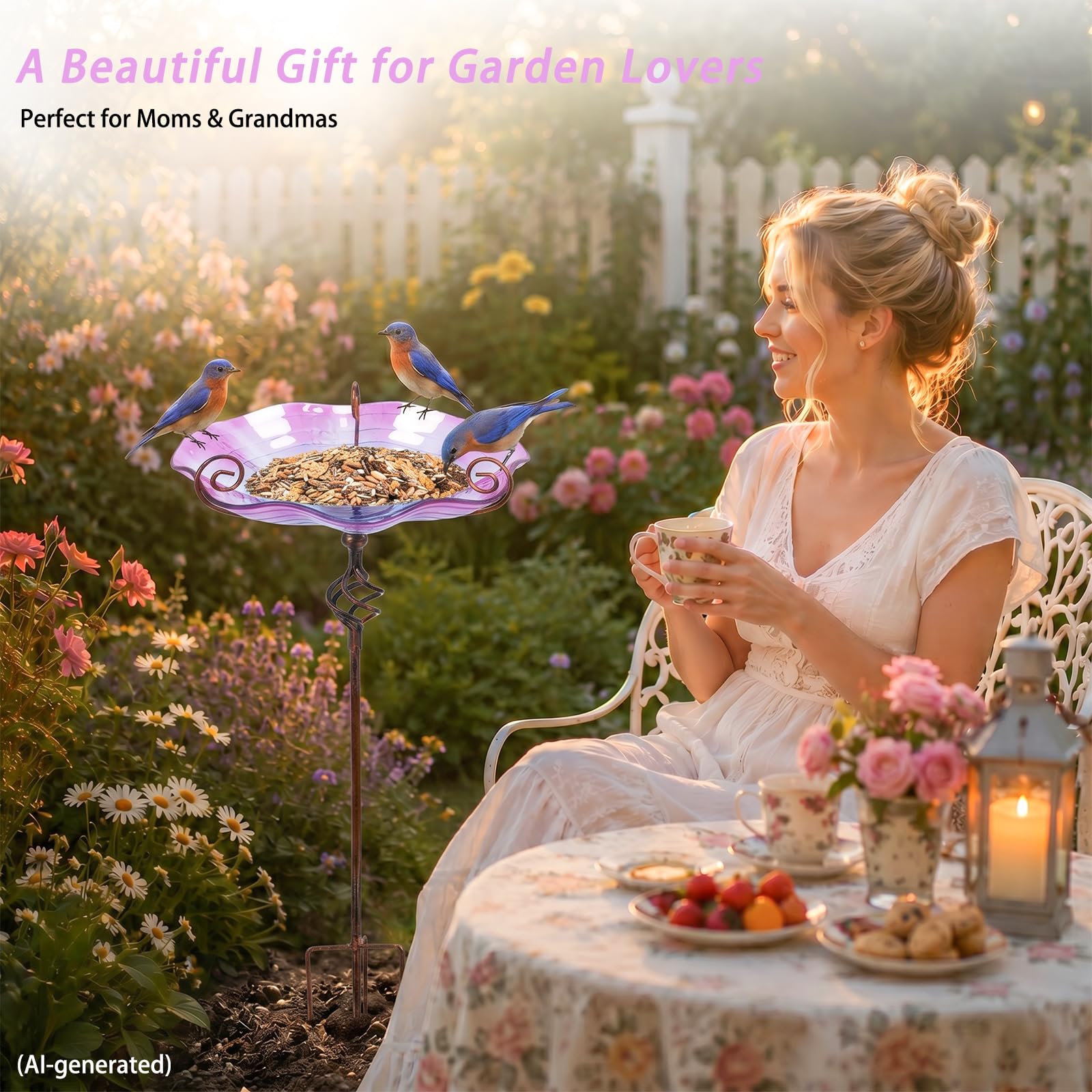 MUMTOP Bañeras de cristal para pájaros de 31 pulgadas de altura, comedero para pájaros al aire libre con estaca de metal, jardín y patio exterior, color morado