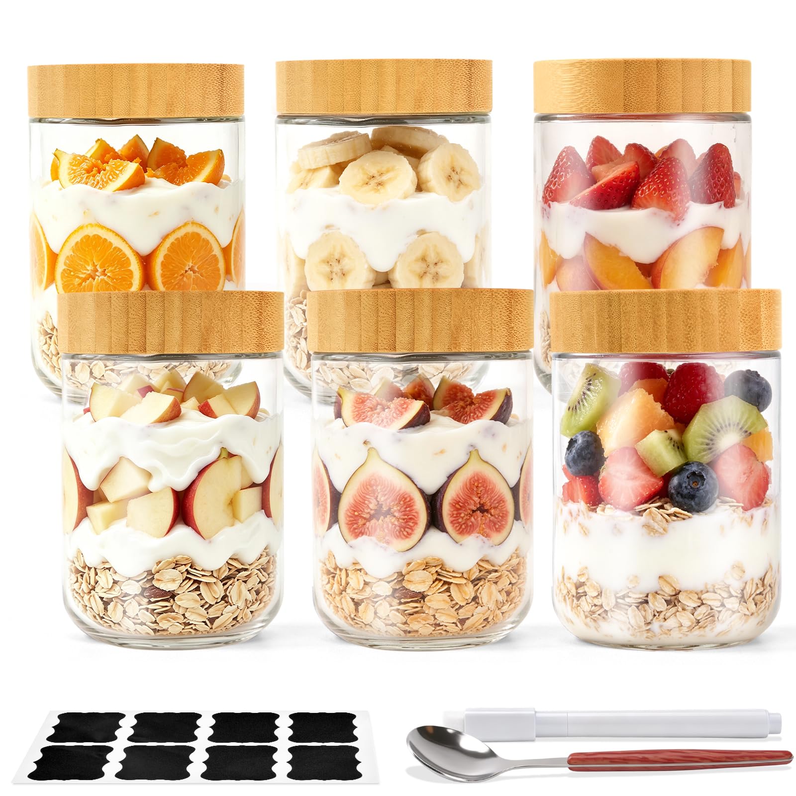 Overnight Oats Jars 500ml, 6 Pack Glass Containers with Bamboo Lids