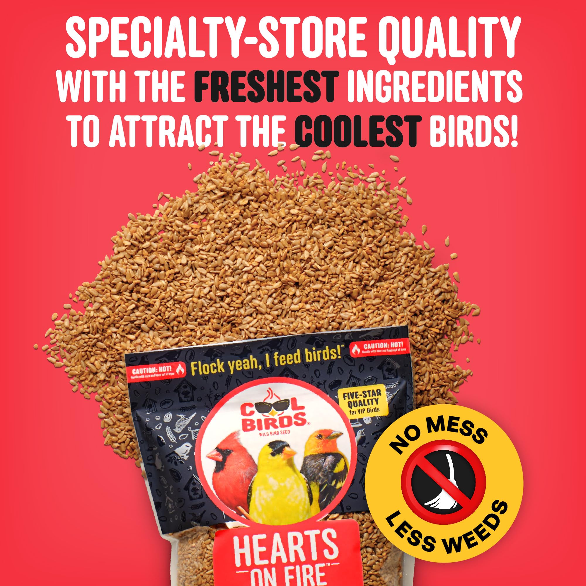 Cool Birds Hearts on Fire - Semilla de pájaro caliente, 10 libras, corazones de girasol 100% descascarados con aceite de chile, semillas de pájaros sin residuos para comederos exteriores