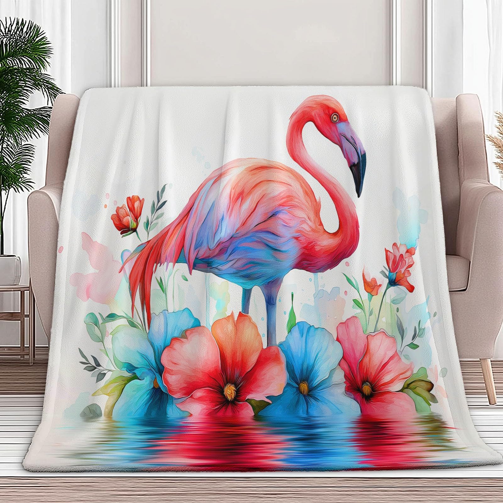 Manta para Sofá, Invierno Verano Manta Polar Flamenco De Acuarela Cálida Mullida Super Caliente Ligera Mantas Cama para Adulto y Niño Sala de Estar, Blanco, 200x200 cm