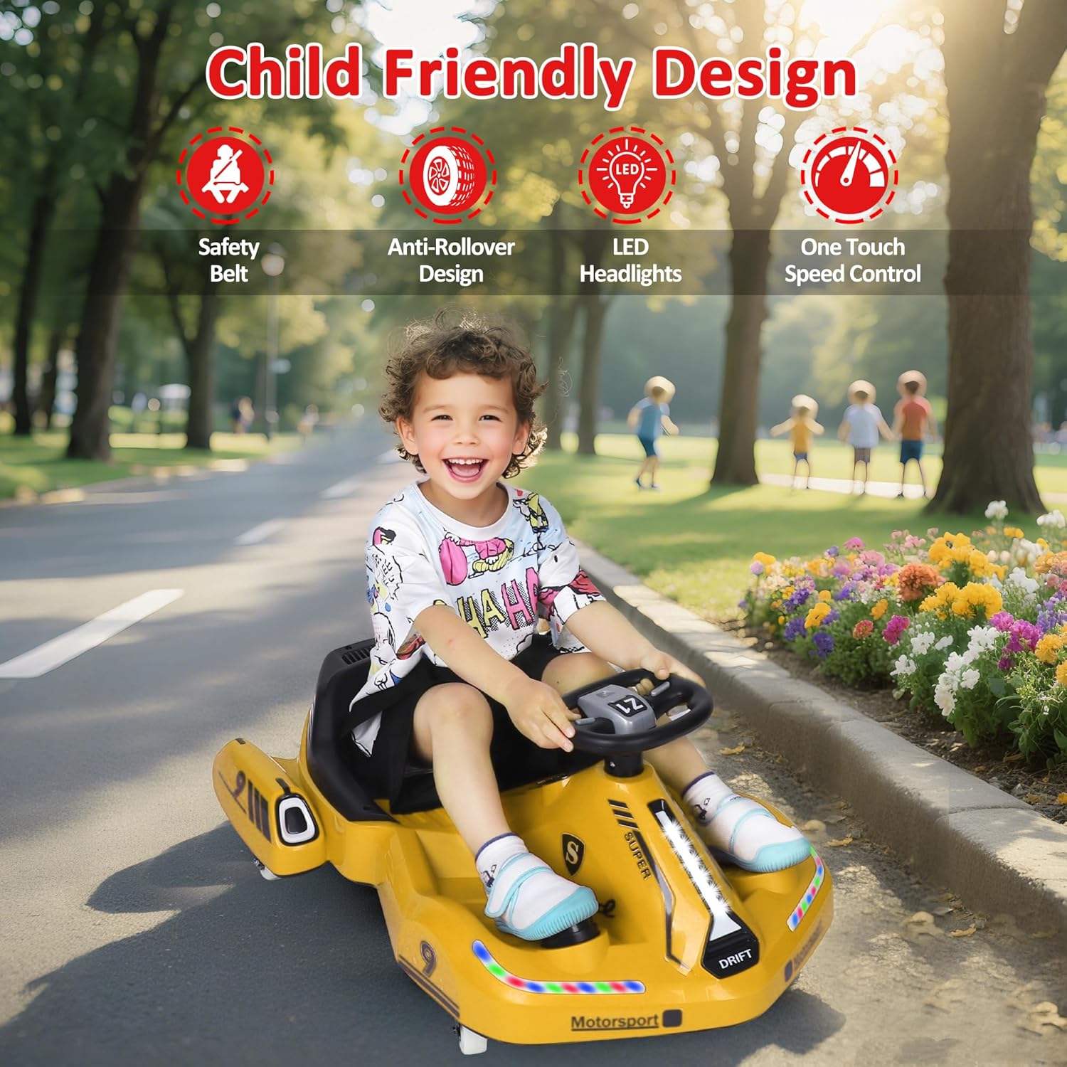 Electric Wiggle Car, 12V Kids Ride On Toys for Ages 3 and Up, Racing Toy 360° Spin with Anti-Rollover, LED Lights, 2 Speeds, 120 LBS. Yellow.