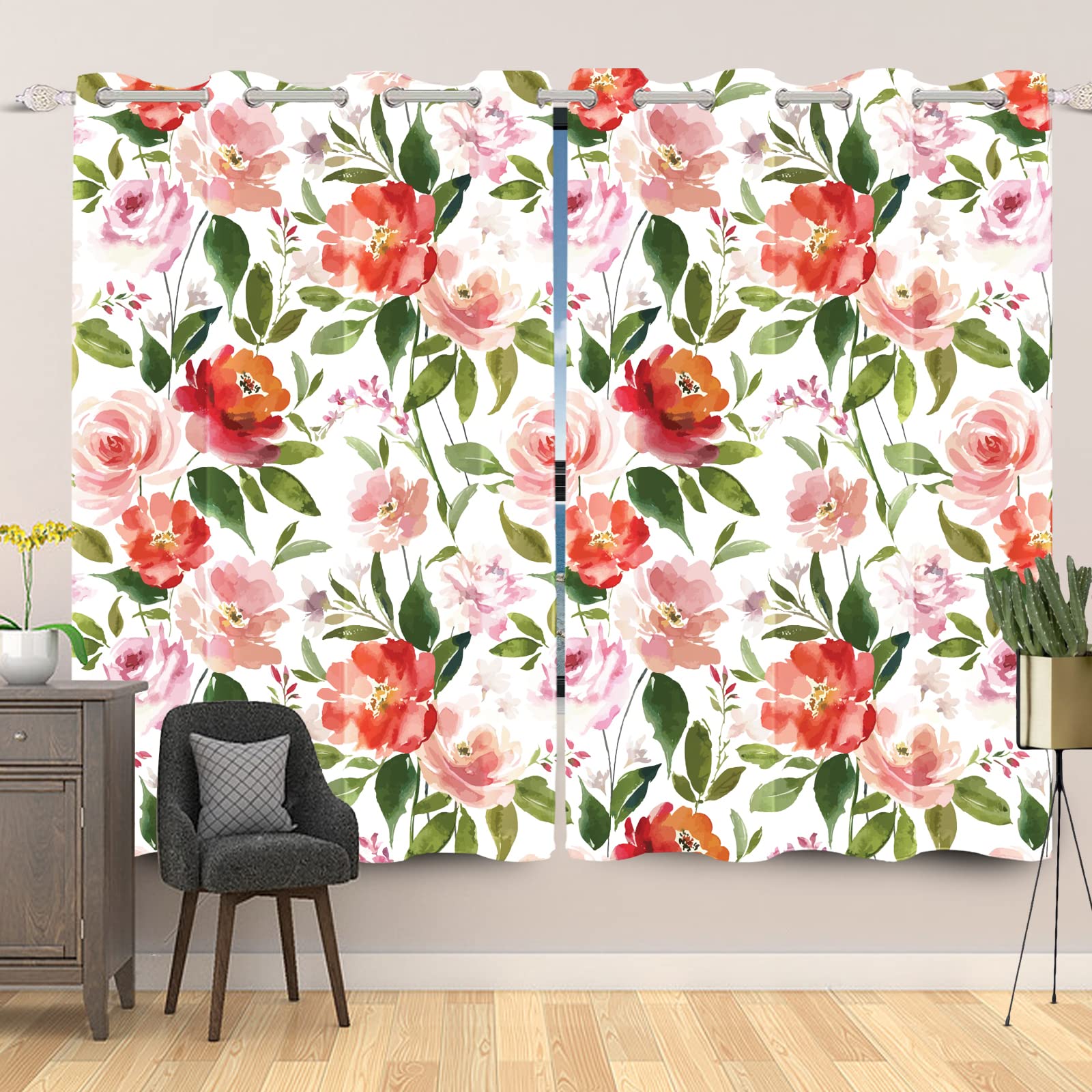 ggaimwf 52"x 84" Flower Eyelet Curtain Watercolor Blossom Floral Aesthetic Farmhouse Country Style Insulated Thermal Grommet Blackout Window Drapes for Girl Bedroom Living Room,2 Panels