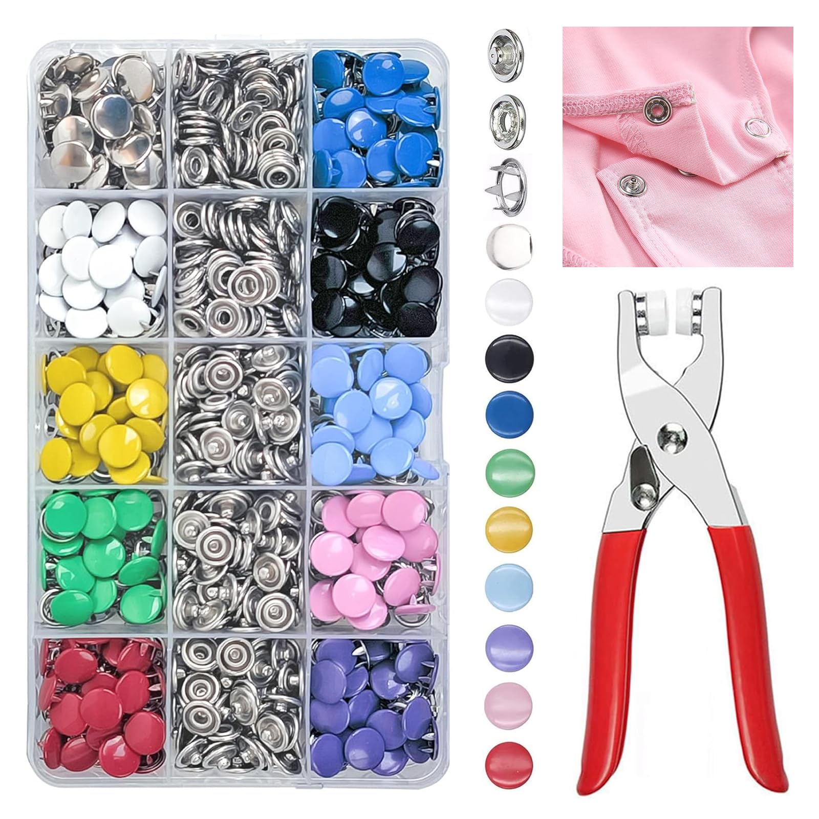 200 Sets 10 Colors Snap Button Fasteners Kit, 9.5mm Metal Poppers Fasteners with Pressure Pliers, No Sewing Press Studs for Clothing, Bags, DIY Crafts, Leather Projects