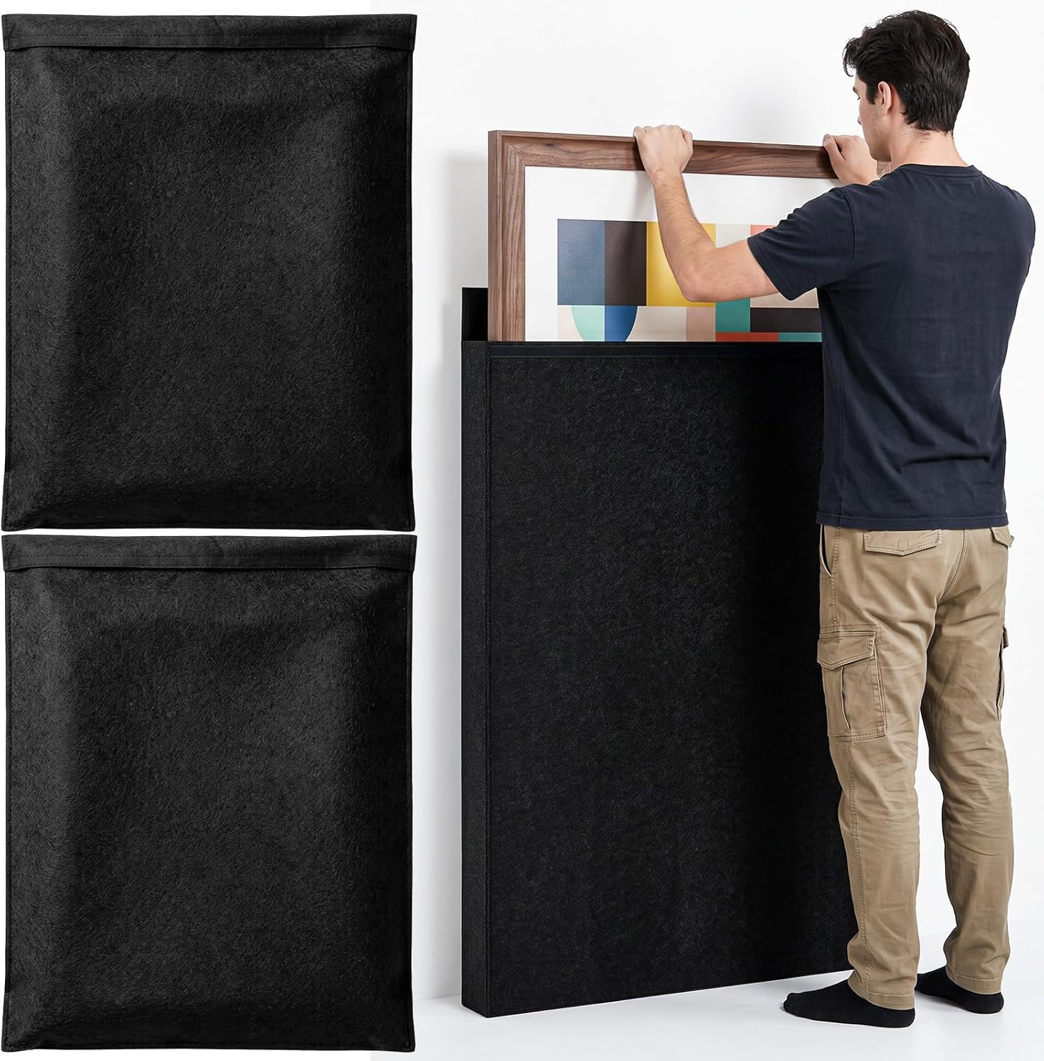 2 Pack 40" x 30" Felt Picture Frame Moving Bag, Reusable Dustproof Pouch for Artwork, Canvas & Mirror, Soft Protective Sleeve for Moving & Storage, Alternative to Cardboard Boxes, Black