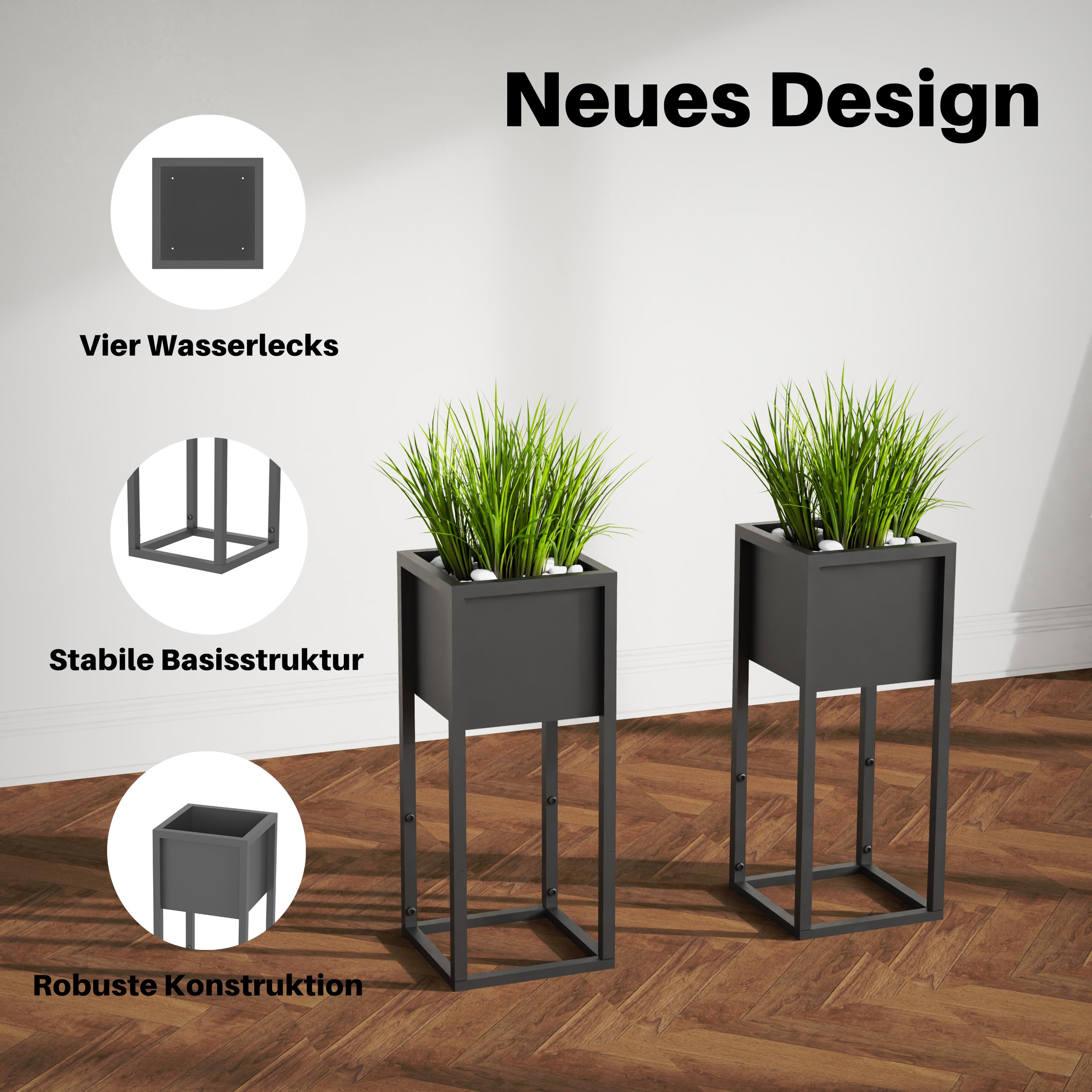 Blumenständer Metall Schwarz 2er Set, mit Gestell, Wohnzimmer & Flur, eckiger Pflanztopfständer(Schwarz 2stück)