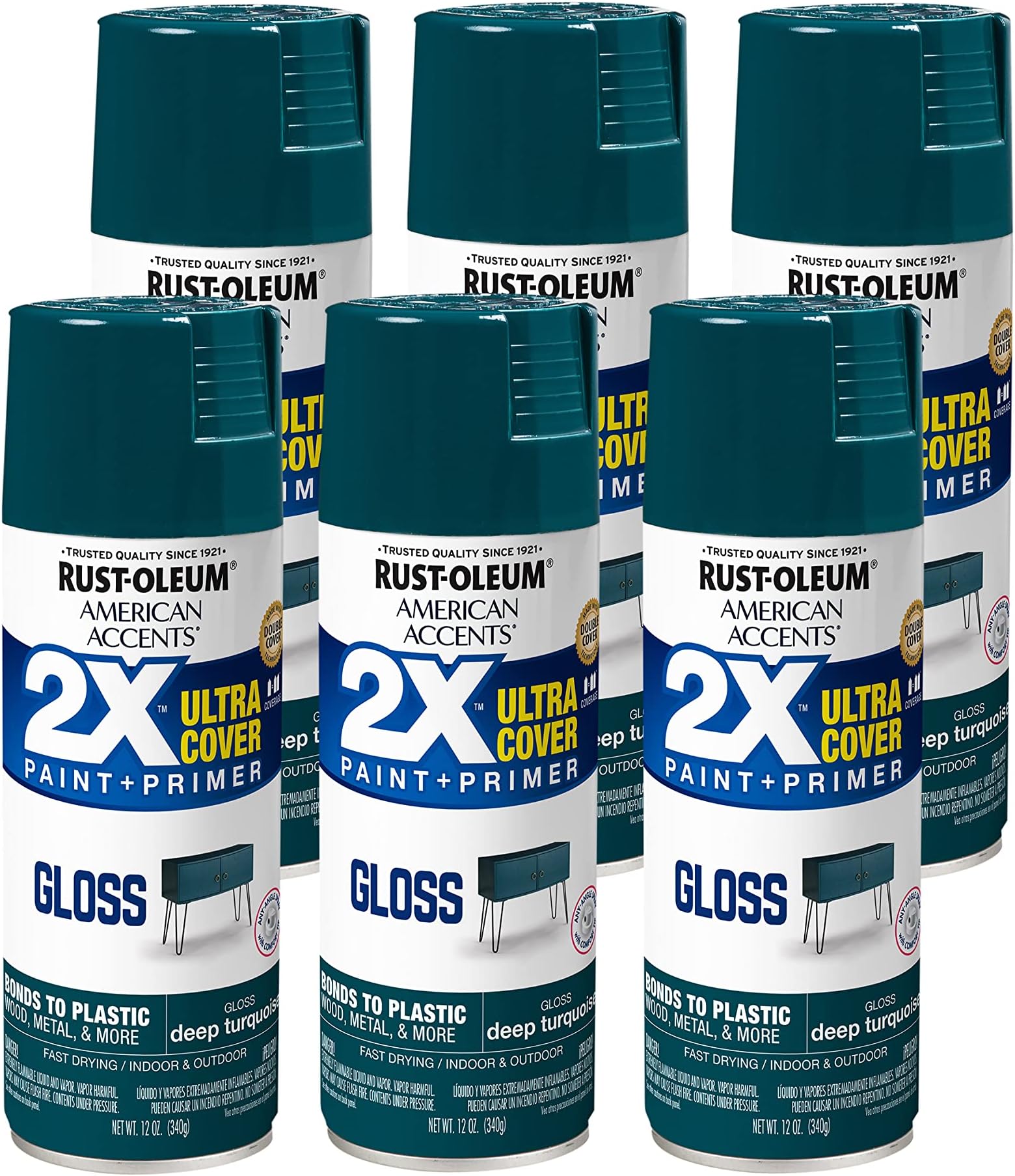 Rust-Oleum 327902 American Accents Spray Paint, 12 Ounce (Pack of 6), Gloss Deep Turquoise, 72 Ounce