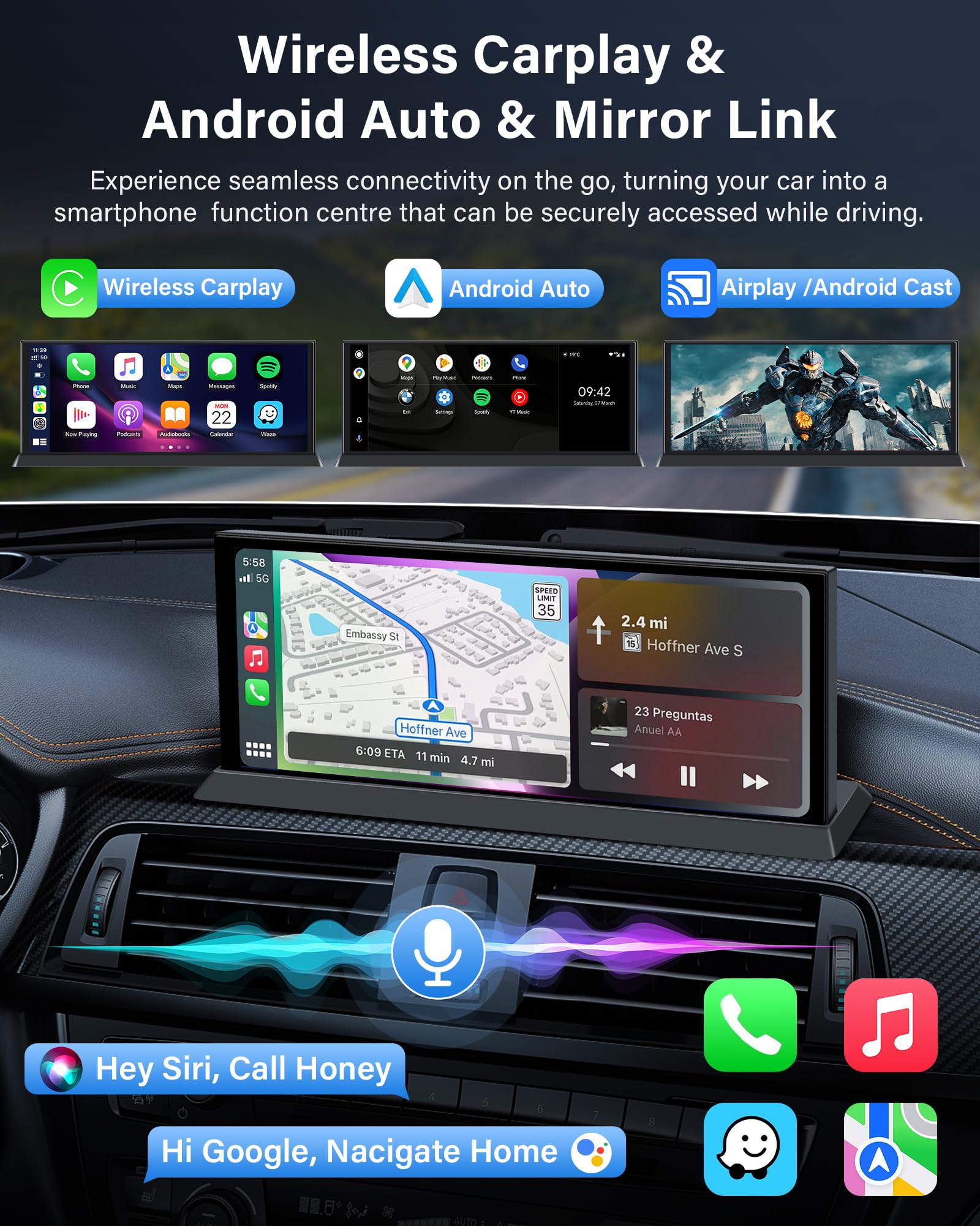 11,3'' Pantalla Carplay Android Auto con 4K Dashcam OEM Soporte de Pie | 350° Giratorio Cámara Frontal 4K + Cámara Trasera 1080P, BT Audio, Dispositivos de Navegación, Grabación en Bucle, General