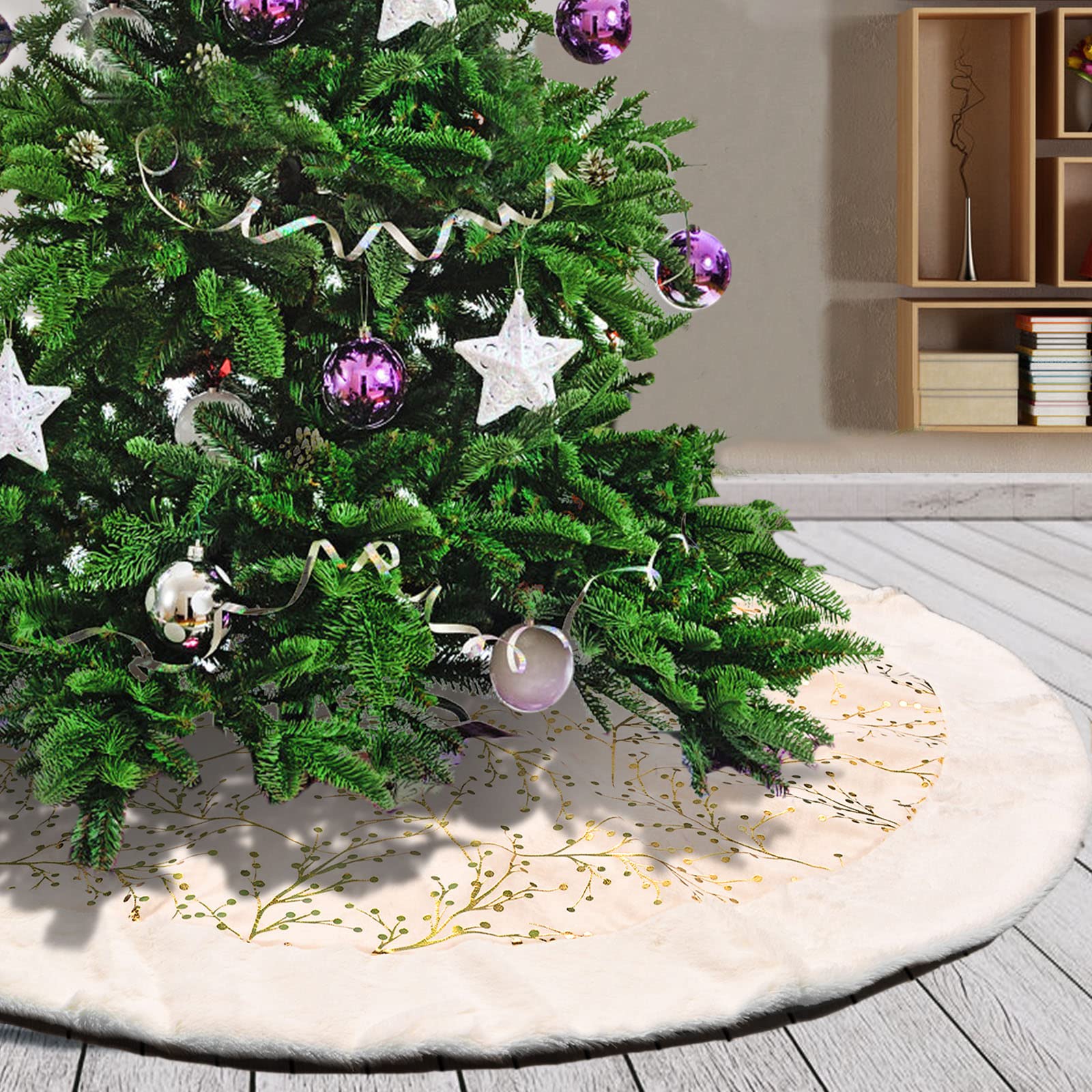 Atiming Fur Edge Christmas Tree Skirt Mat 48 Inches Champagne Christmas Tree Plush Skirt With White Faux Xmas Tree Skirt Base Cover For Christmas New Year Decoration (, 122Cm)