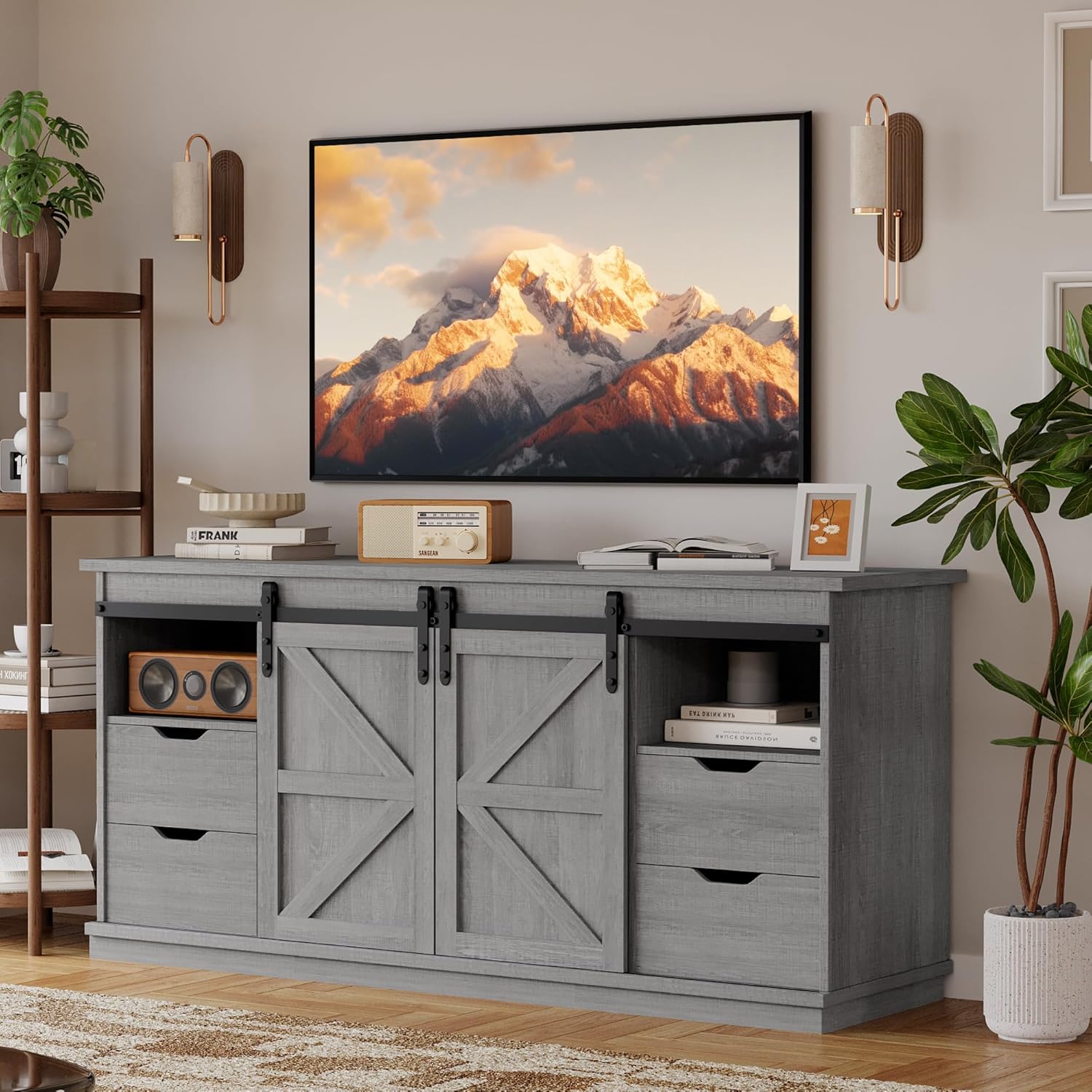 YESHOMY Farmhouse TV Stand in a living room setting with a television and decorative items.