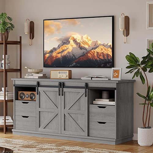 Miniatura 9 de YESHOMY Soporte de TV para televisores de hasta 65 pulgadas, con puertas correderas de granero y 4 cajones de almacenamiento, mesa consola y muebles