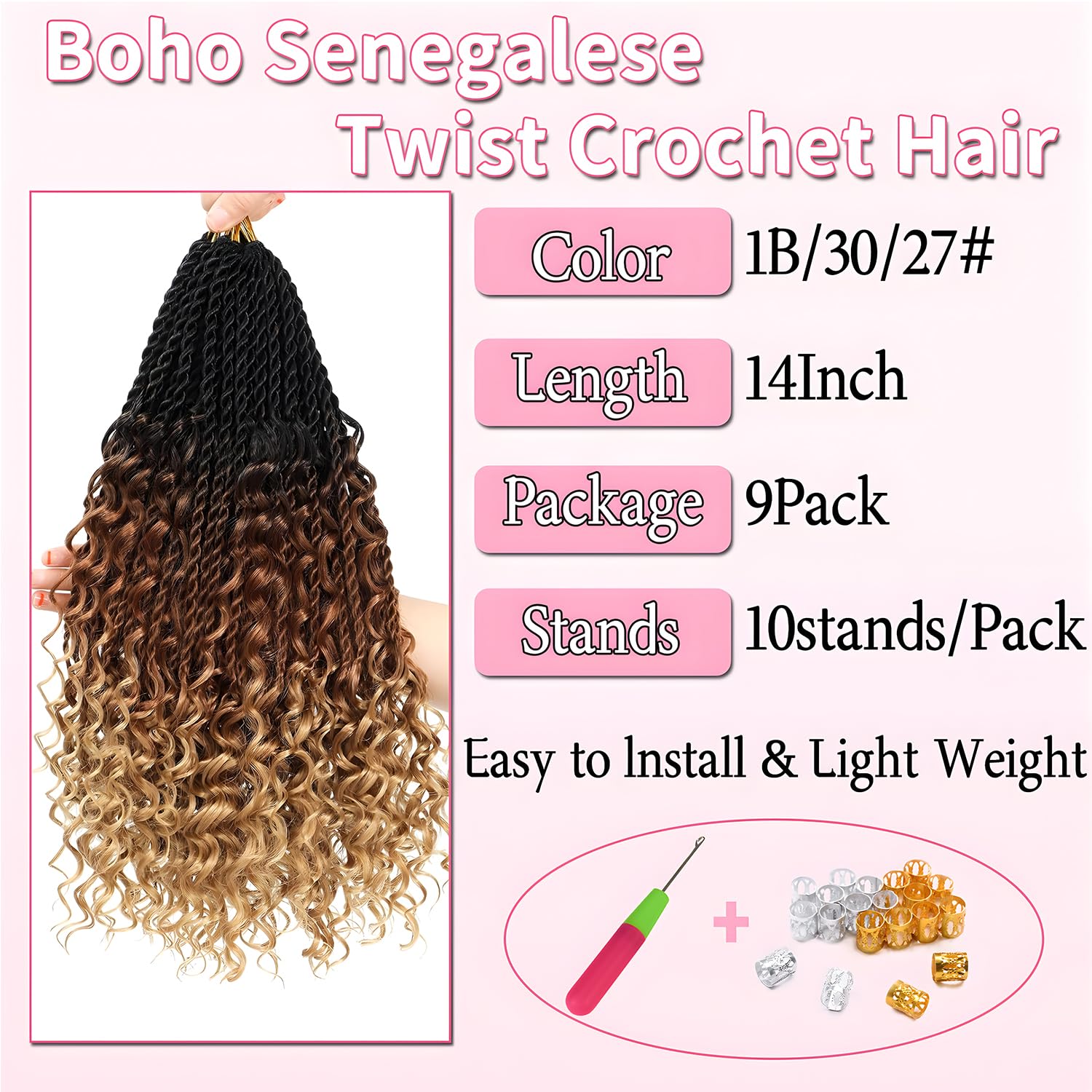 QIDESHENG 9 Packs Senegalese Twist Crochet Hair 14 Inch Pre-Looped Island Twist Boho Crochet Braids Hair Extensions with curls Synthetic Crochet Hair Extensions for Black Women(1B) (1B/30/27 - Image 2