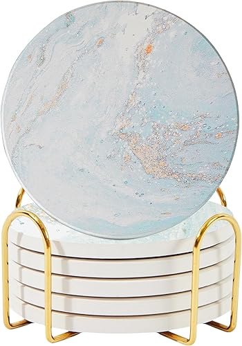 Juego de 6 posavasos absorbentes de cerámica con soporte, posavasos de mármol para mesa de café, posavasos absorbentes de agua (blanco)