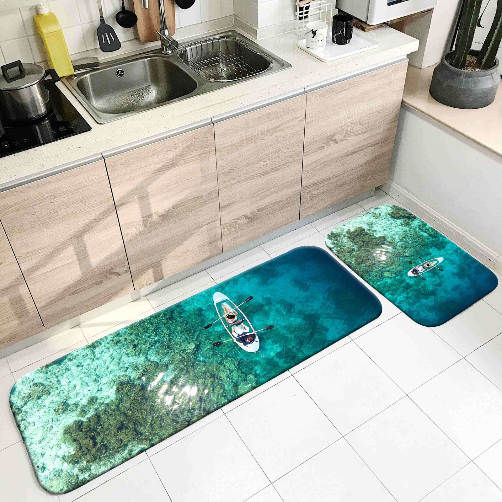 Tappetino Cucina Lavabile, Zerbino Personalizzato Ingresso Casa Verde Mare e Barca a Remi 50X80cm+50X160cm Ideale per Interni Domestici