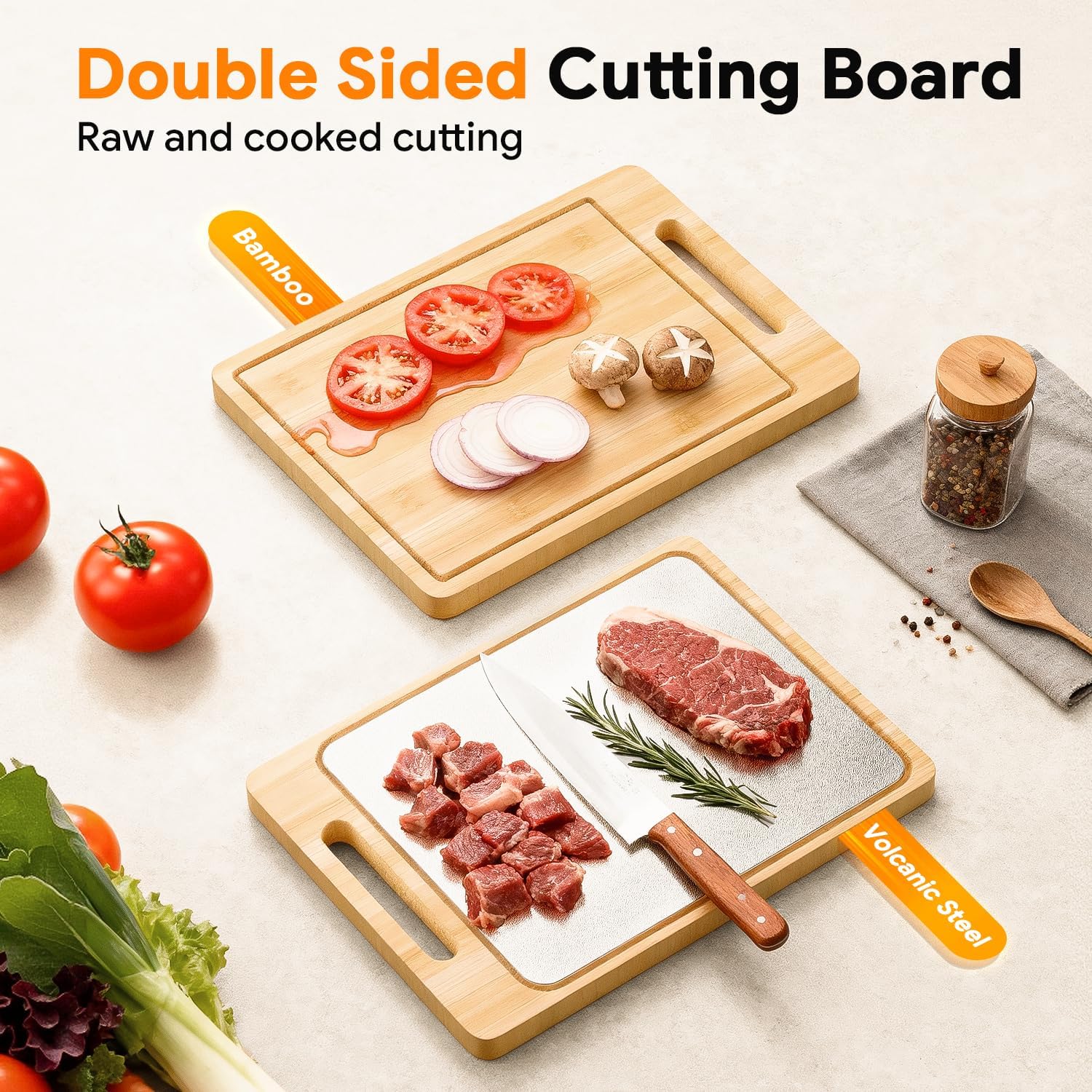 Cutting Board – Reversible Bamboo and Stainless Steel Cutting Boards for Kitchen, Bamboo Cutting Boards with Juice Groove and Handle, Versatile Board for Meat and Vegetables