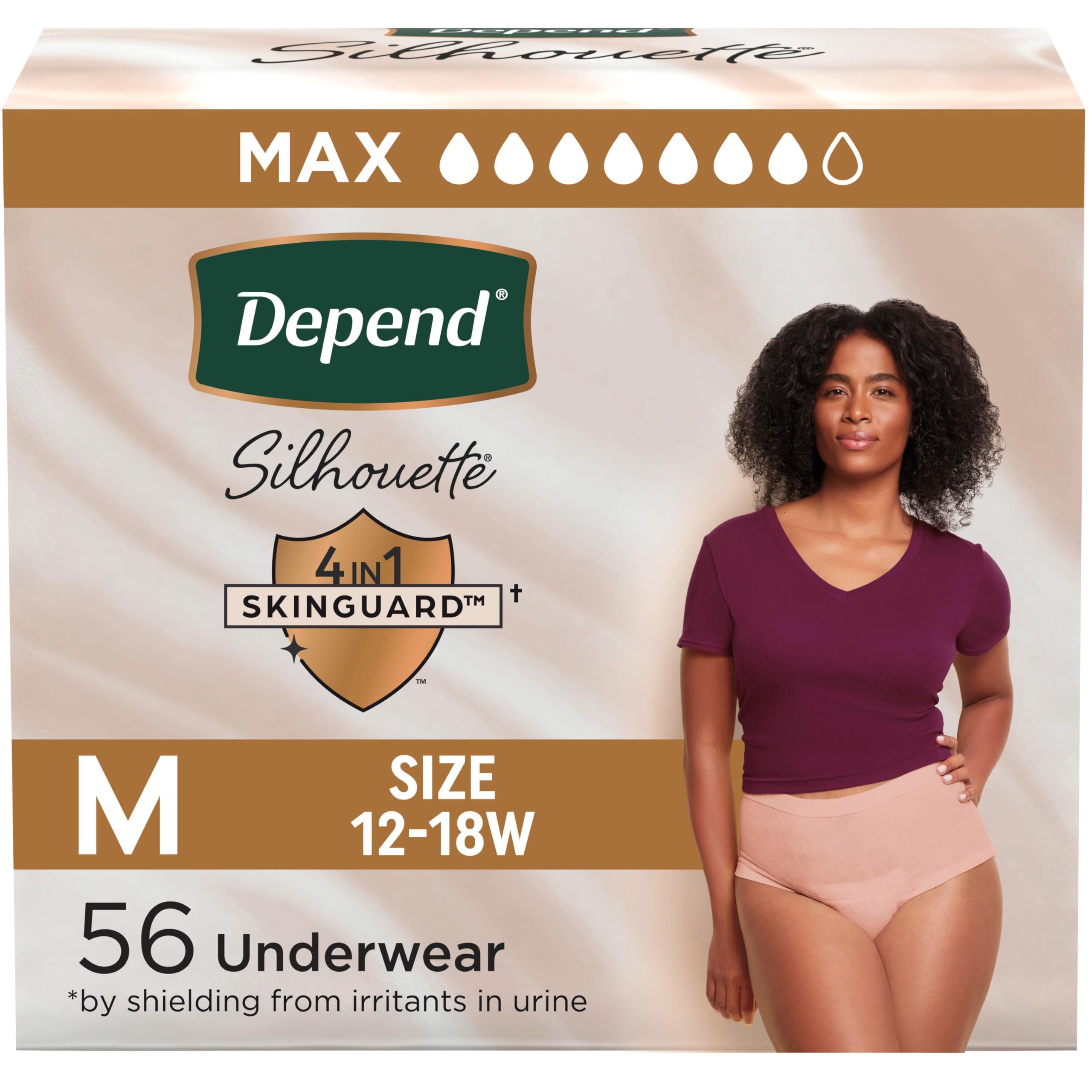 - Depend Silhouette Adult Diapers, Incontinence & Postpartum Bladder Leak Underwear for Women, Maximum Absorbency, Medium, Pink, 56 Count (2 Packs of 28), Packaging May Vary