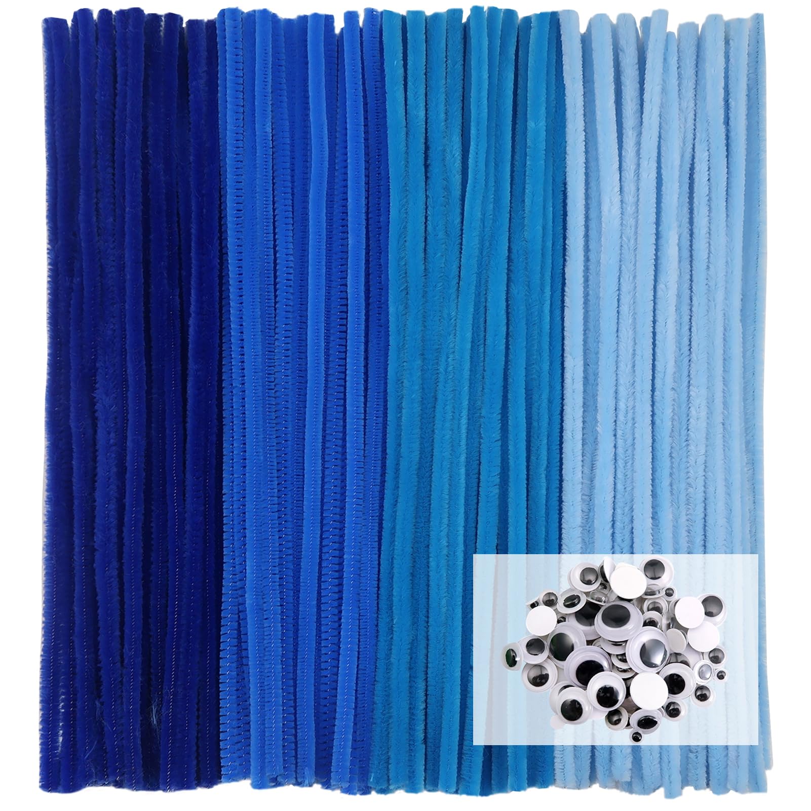 TOAOB 100pcs Blue Pipe Cleaners for Craft 30cm Long Crafting Pipe Cleaner Fuzzy Sticks 6mm Thick Chenille Stem Craft Supplies with Wiggle Googly Eyes for DIY Art Bouquets Project Decoration