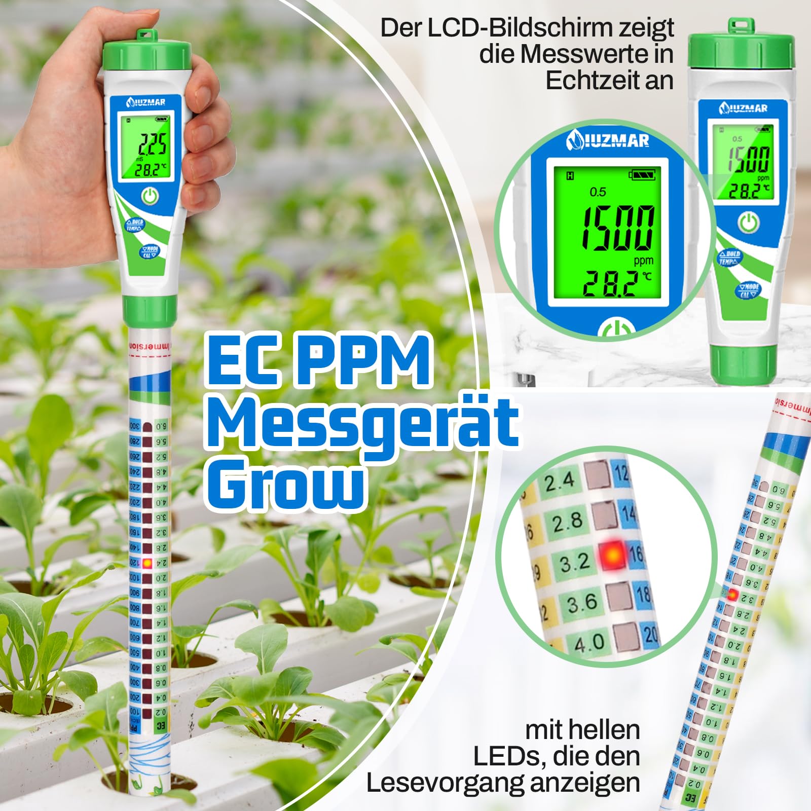UIUZMAR Digitaler Leitfähigkeitstester, Professioneller EC Messgerät Grow (EC, ppm 500, ppm 700, CF), Hydrokultur PPM Messgerät mit Lichtanzeige für Gartenbau, Hydroponik Anbauzelt, Reservoirwasser