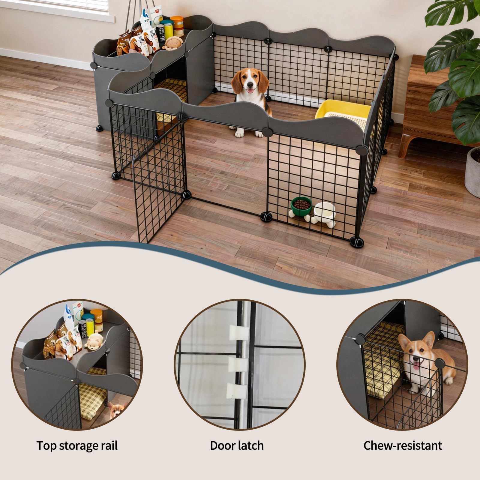 Welpenauslauf mit Ablagefläche, Hundegitter für Wohnung mit getrenntem Schlaf- und Spielbereich, 56 cm hoch, einfache Montage, rutschfest, schwarz