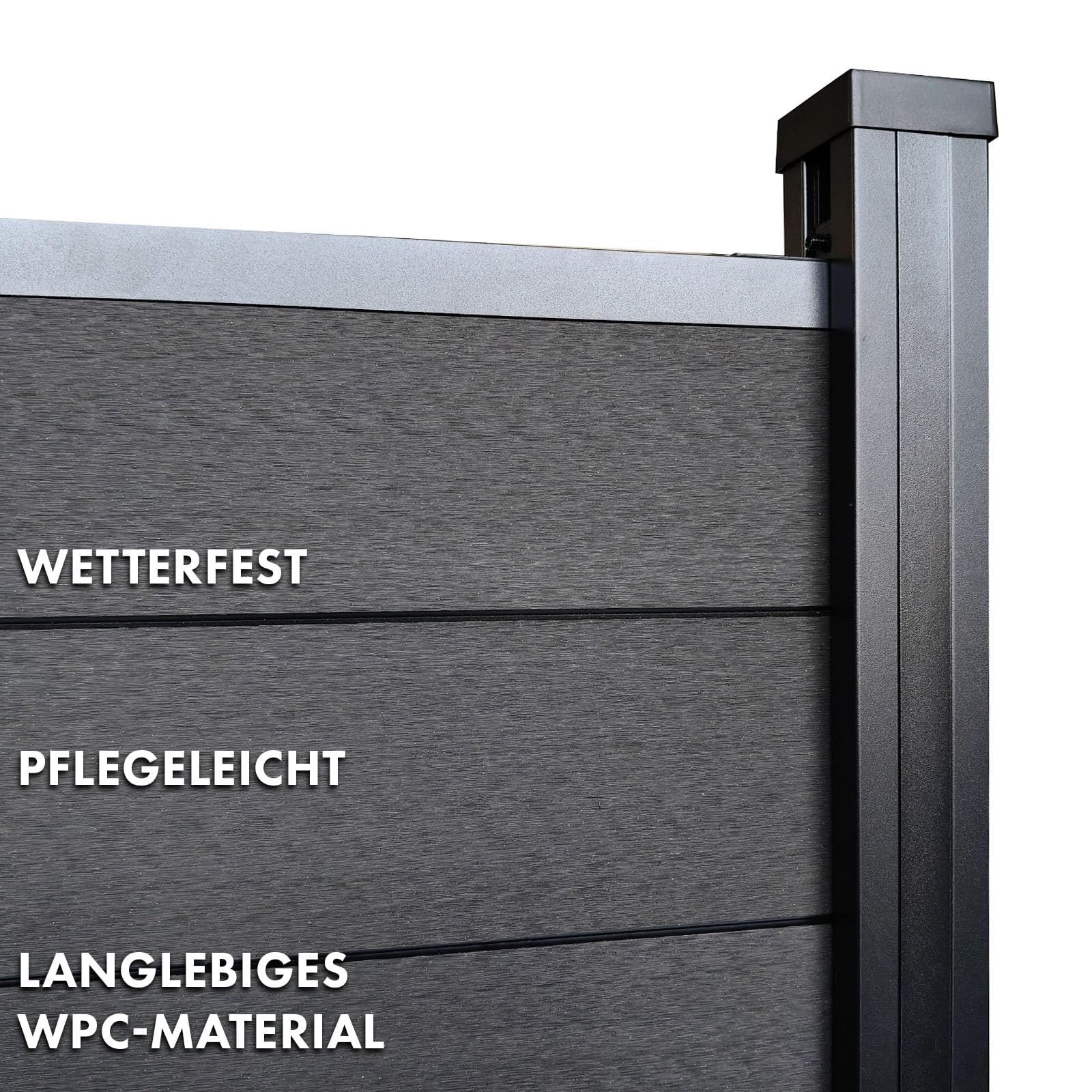 Floordirekt Gartenzaun 180x180cm mit Aluminium Pfosten - WPC Zaun Komplettset Kronos - Sichtschutzzaun - Windschutz Sichtschutz für Terrasse & Garten - Inklusive Montagematerial (Black)