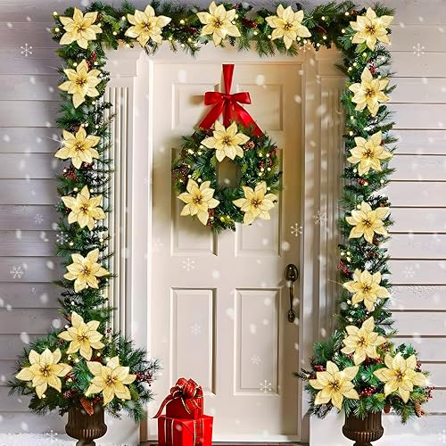 Miniatura 6 de 12 flores de pascua artificiales con tallo, decoración de Navidad con purpurina, adornos de Navidad para árbol de Navidad, decoración de flores de