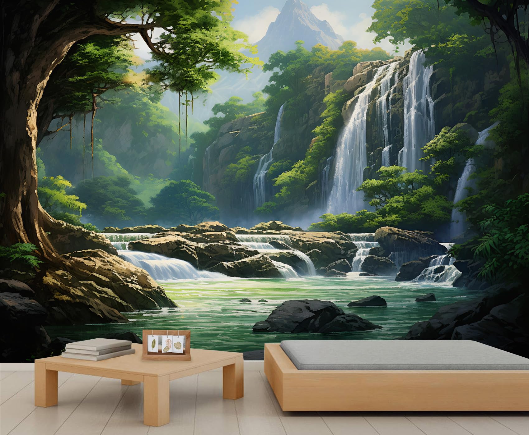 Forest Waterfall Wall Mural, Jungle Stream Wallpaper, Tropical Rainforest Waterfall 3D Wall Mural for Living Room Bedroom Study Large Wallpaper Wall