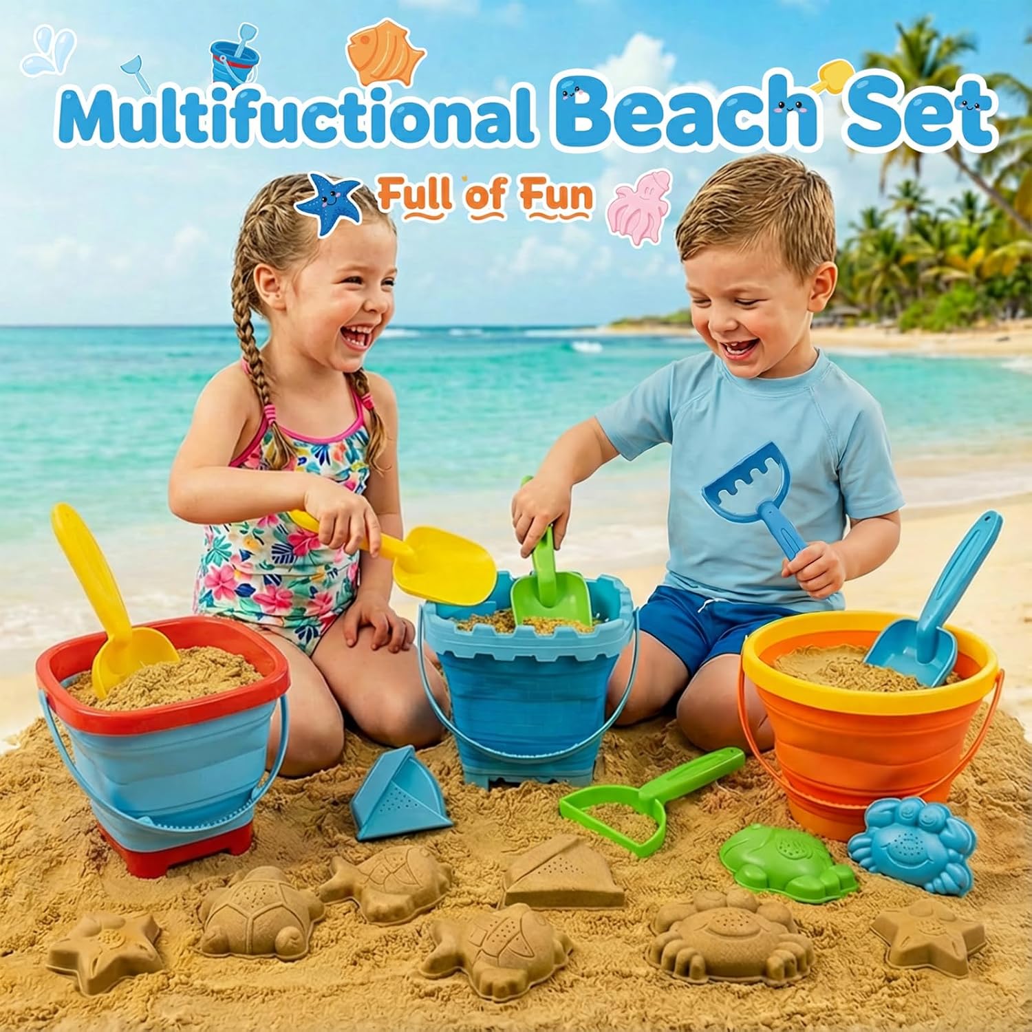 Beach Sand Toys Set for Toddlers, Portable Travel Beach Toys with 3 Collapsible Buckets, 3 Shovels, 3 Rakes, 9 Molds & Backpack for Kids, Summer Gift，Beach Tourism