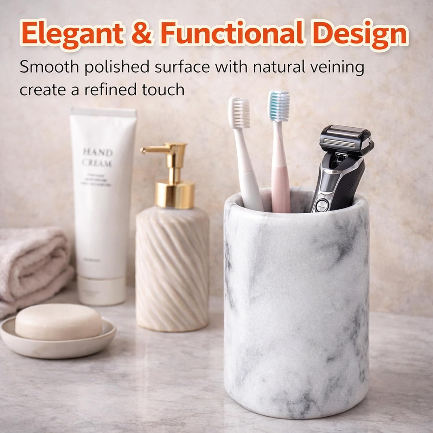 Creative Home Solid Natural Marble Pen Holder – Heavyweight Pencil Cup Organizer for Desk, Vanity, or Bathroom, 3.3" Diameter x 4.5" Height, Off-White with Unique Stone Patterns