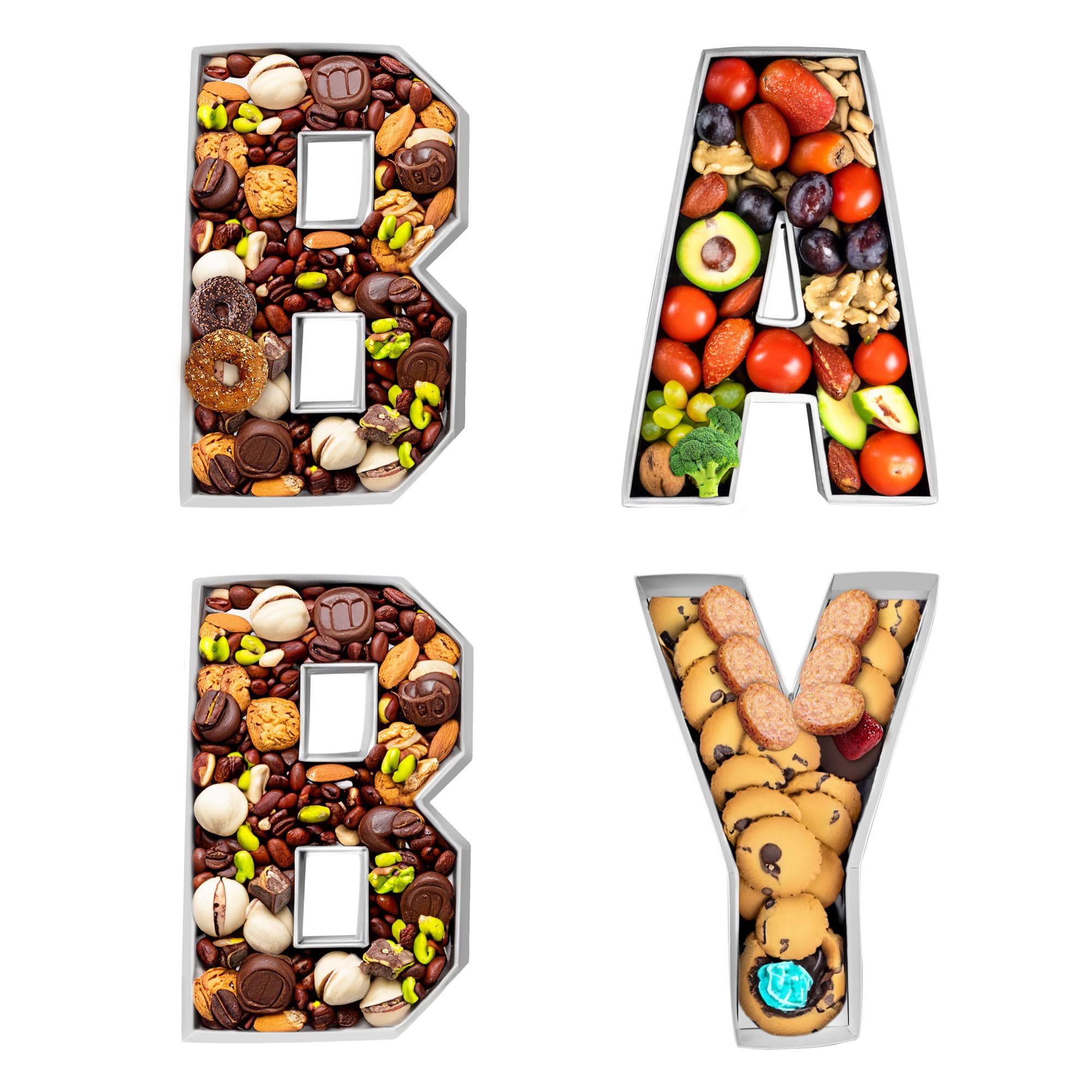 KitChocoLot Baby Charcuterie Board Letters, 10 Inch, 4 Pack Fillable Cardboard Letter Boxes, White Letter Trays for Food Chocolate Candy On Baby Shower, Birthday and Gender Reveal Decoration