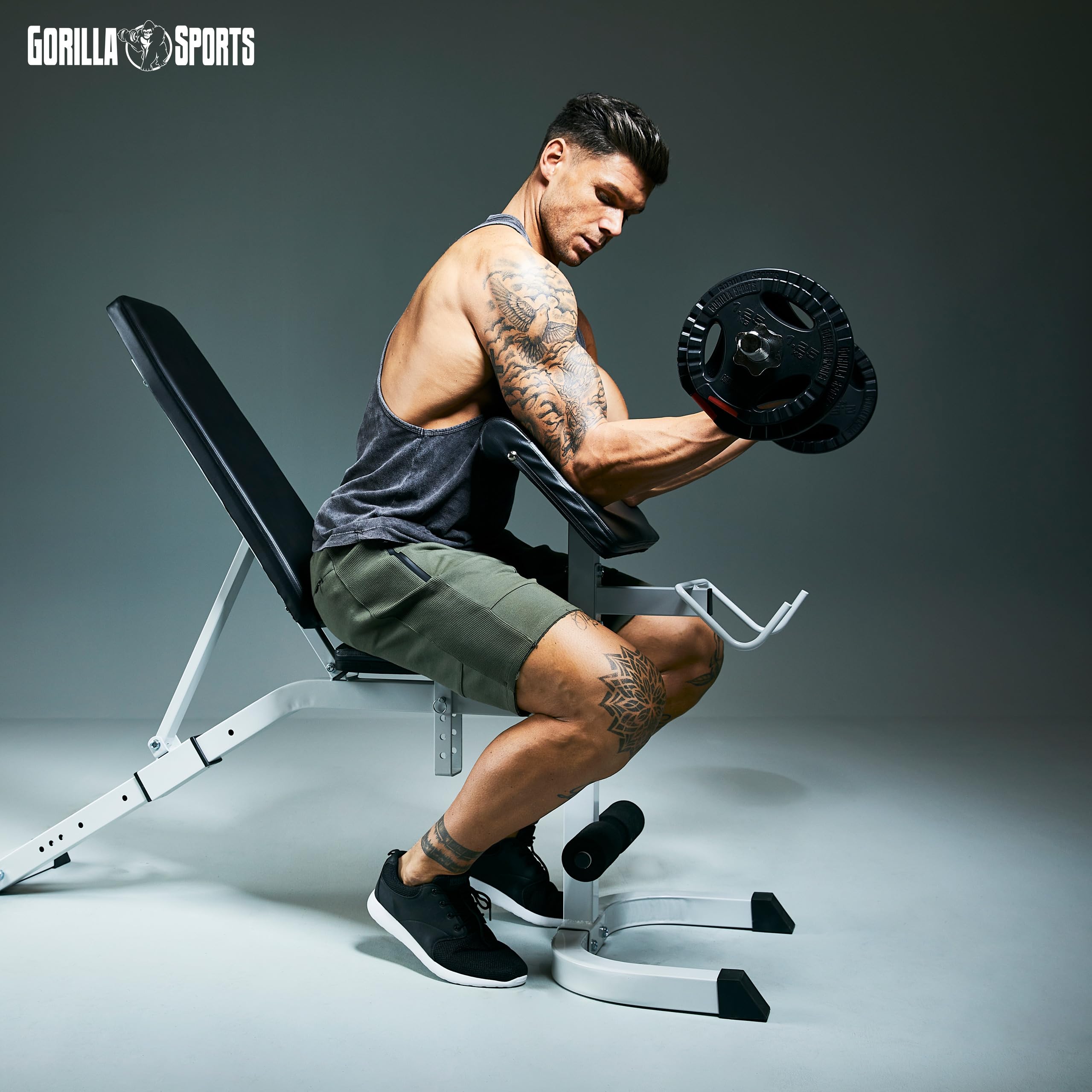 GORILLA SPORTS® Set Bilanciere con Pesi – 25kg, Barra Curva EZ 120cm, Ø 30/31mm, Dischi Rivestiti in Plastica, Collari Spinlock – Bilanciere Curl, Dischi Pesi, Palestra da Casa, Fitness, Allenamento