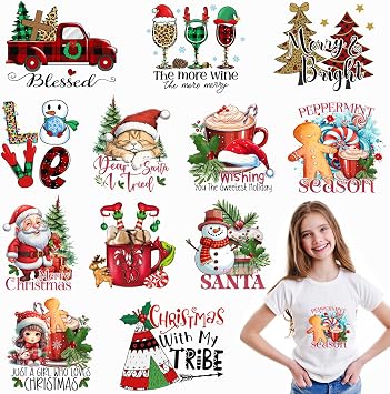 12 Sheets Christmas Iron on Transfers for T-Shirts,Christmas Heat Transfers Vinyl, Christmas Iron on Decals for Clothes Bag Pillow Covers DIY Decorations