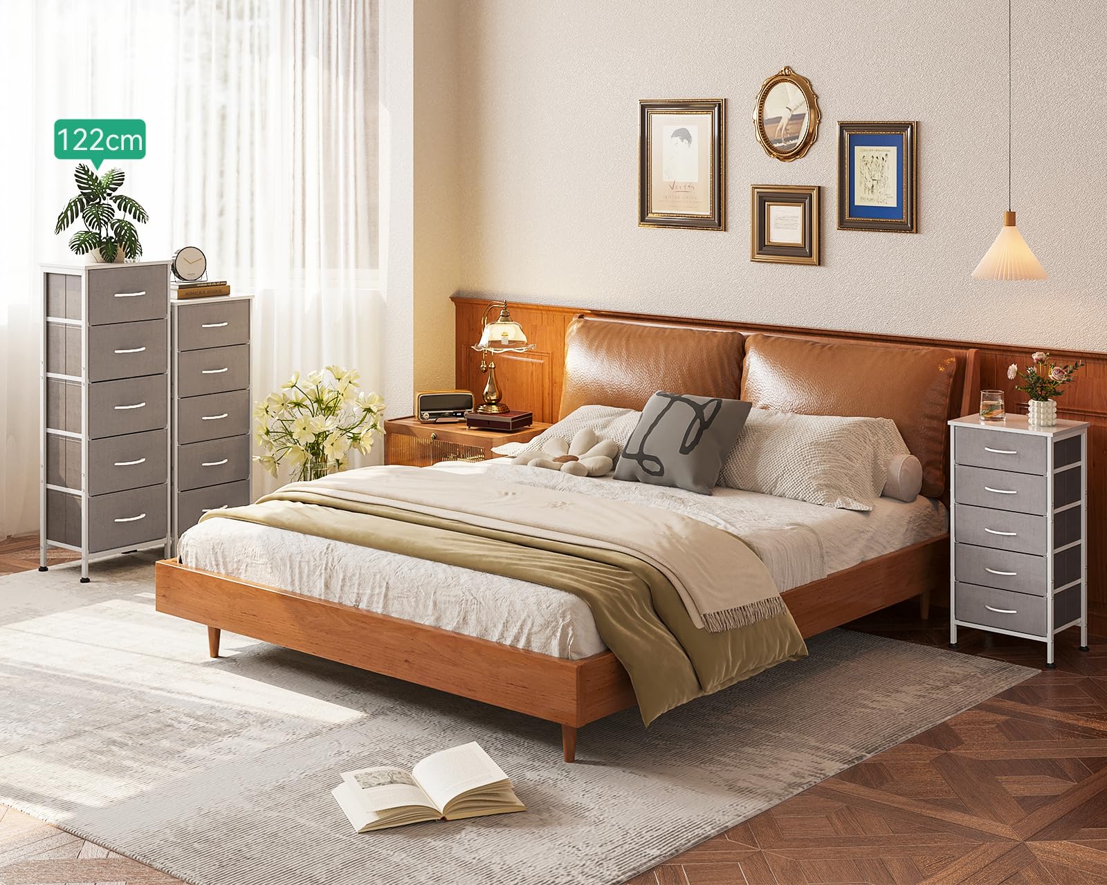 Coleshome Cassettiera Camera da Letto, Cassettiera Alta Piccola con 5 Cassetti in Tessuto, Robusta Struttura in Acciaio, Piano in Legno, Adatta per Camera da Letto e Soggiorno, Grigio Chiaro