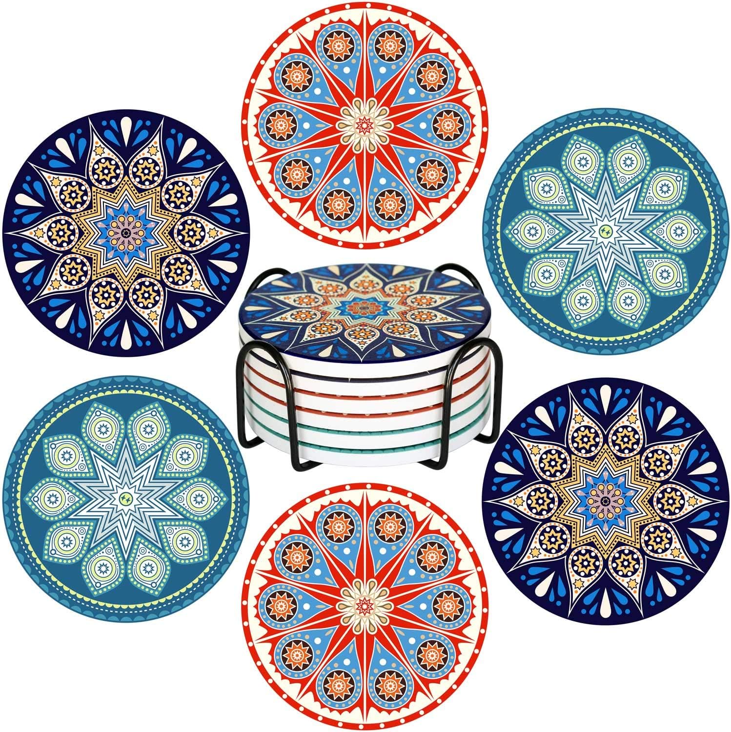 Drink Coasters Mats - Moisture Absorbing Stone Coasters with Cork Base, Holder Include, Prevent Furniture from Dirty and Scratched, Stone Coasters set Suitable for Kinds of Mugs and Cups, Set of 6