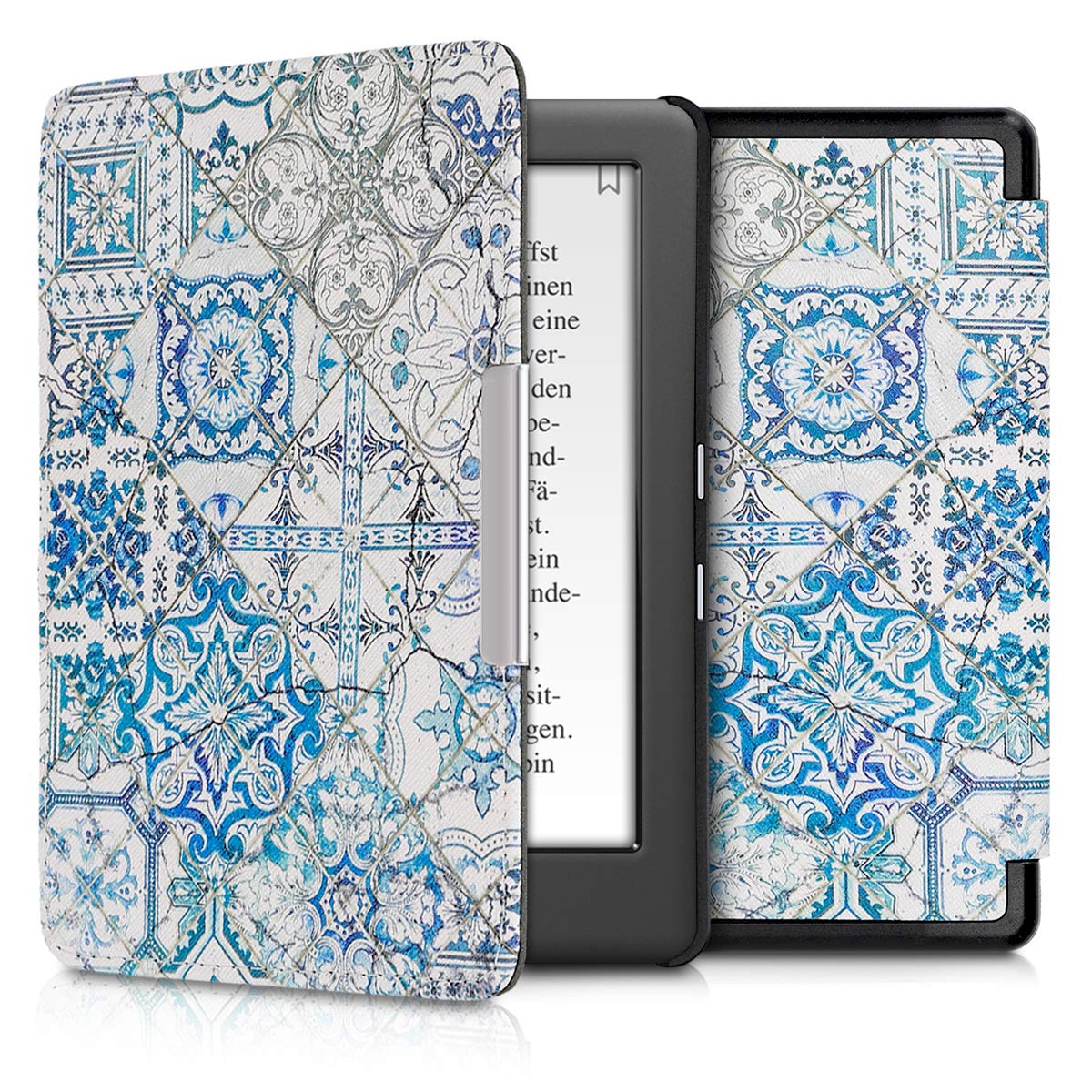 kwmobile Case Compatible with Kobo Glo HD/Touch 2.0 - Case PU e-Reader Cover - Moroccan Vibes in Monochrome Blue/Grey/White