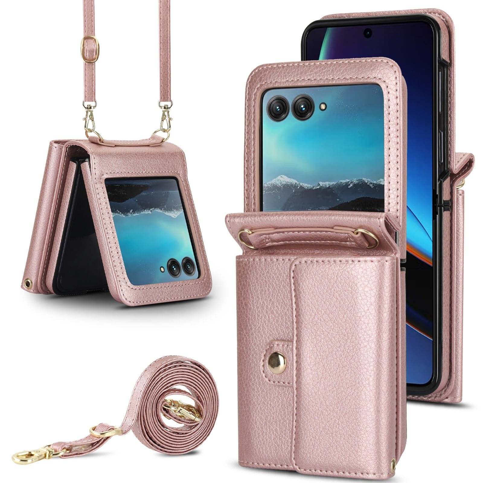 Generic Funda compatible con Motorola Moto Razr 2023 (color: oro rosa), bolsillo para tarjetas de color sólido, funda de piel con tapa trasera, correa cruzada