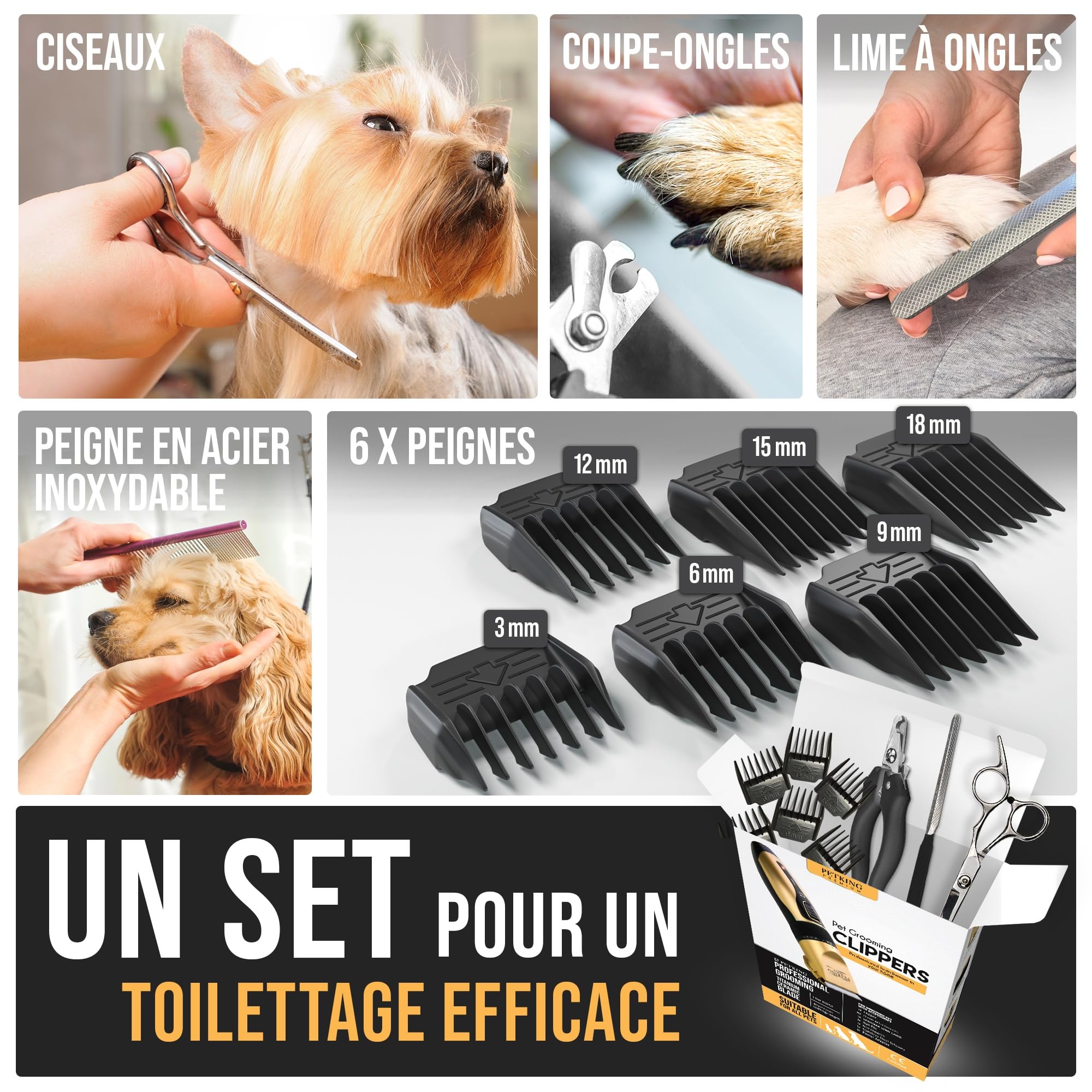 PetKing Premium Tondeuse pour Chiens, Kit de Toilettage Professionnel pour Pelages épais, Compatible Avec les Chiens et les chats. Tondeuse Sans fil et Silencieuse, Idéale pour les Chien et les Chats