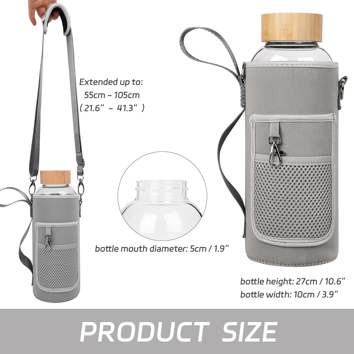48 oz Sports Borosilicate Glass Water Bottle with Bamboo Lid with Neoprene Sleeve - Image 3