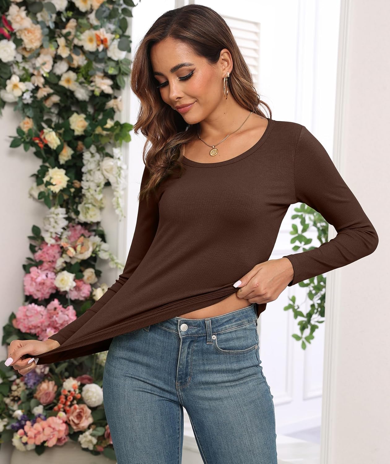 Women's Long Sleeve Tops Ribbed Crew Neck Slim Fit Underscrubs Layer T-Shirts Blouse - Image 4
