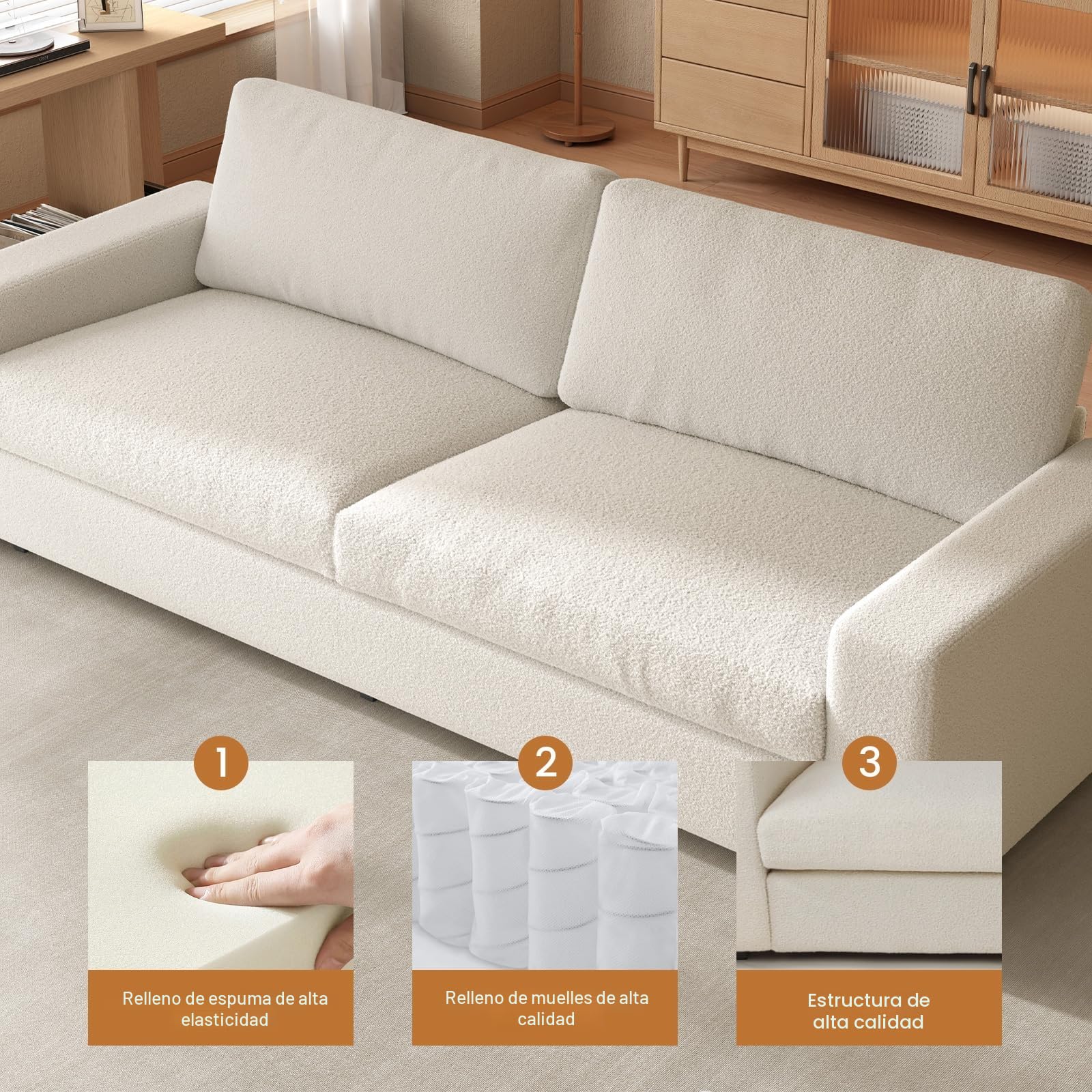 Guyii Sofá de tela de diseño moderno, cómodo sofá de 3 plazas – 212 cm de largo, sofá de salón brillante, cómodo sofá tapizado recto, muebles largos de tela para una vida moderna