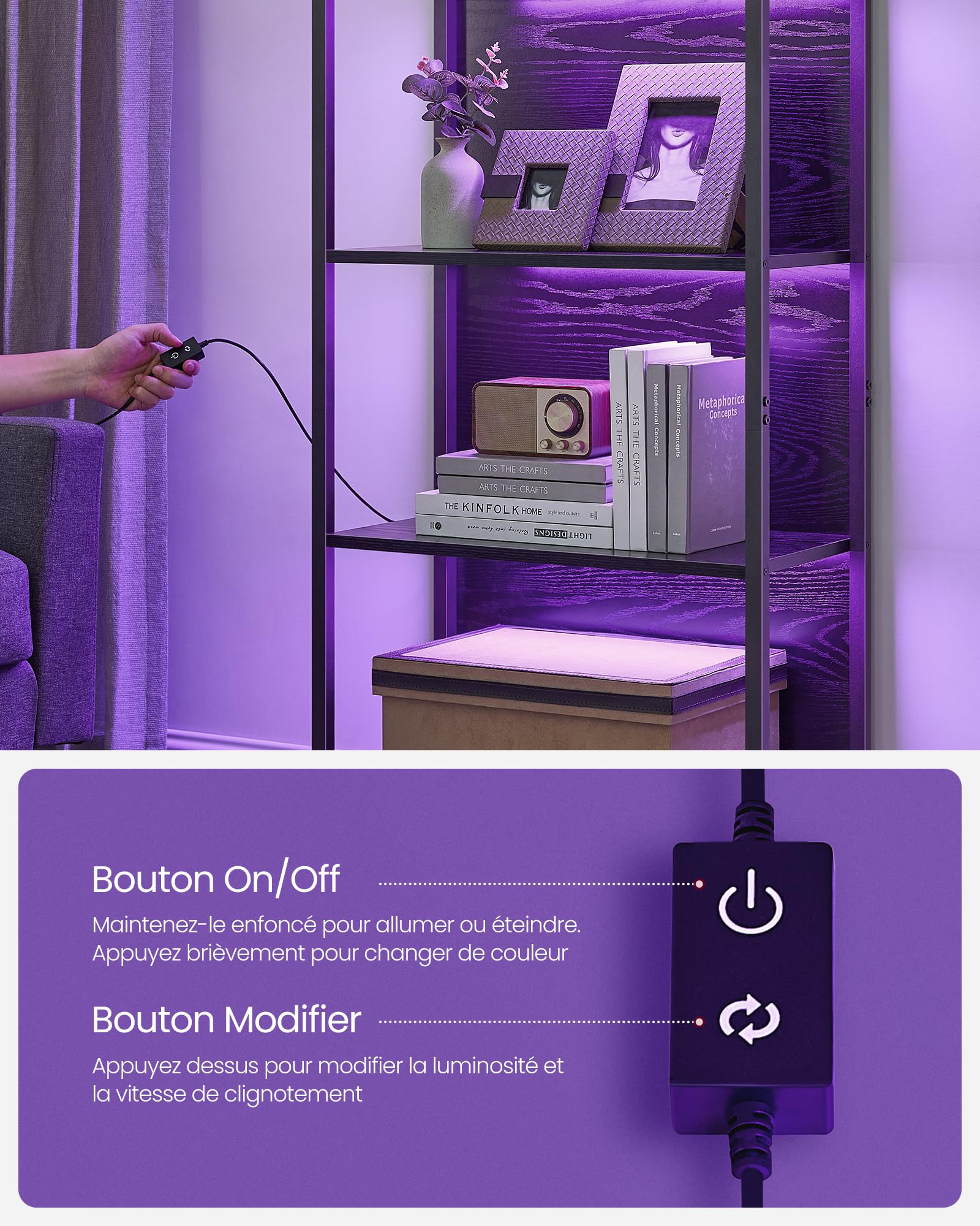 VASAGLE Bibliothèque LED à 6 Niveaux, Étagère à Lumière Réglable, Meuble de Rangement avec Cadre en Acier, 30,3 x 60 x 178,6 cm, pour Salon, Chambre, Bureau, Noir Boisé LLS120B57
